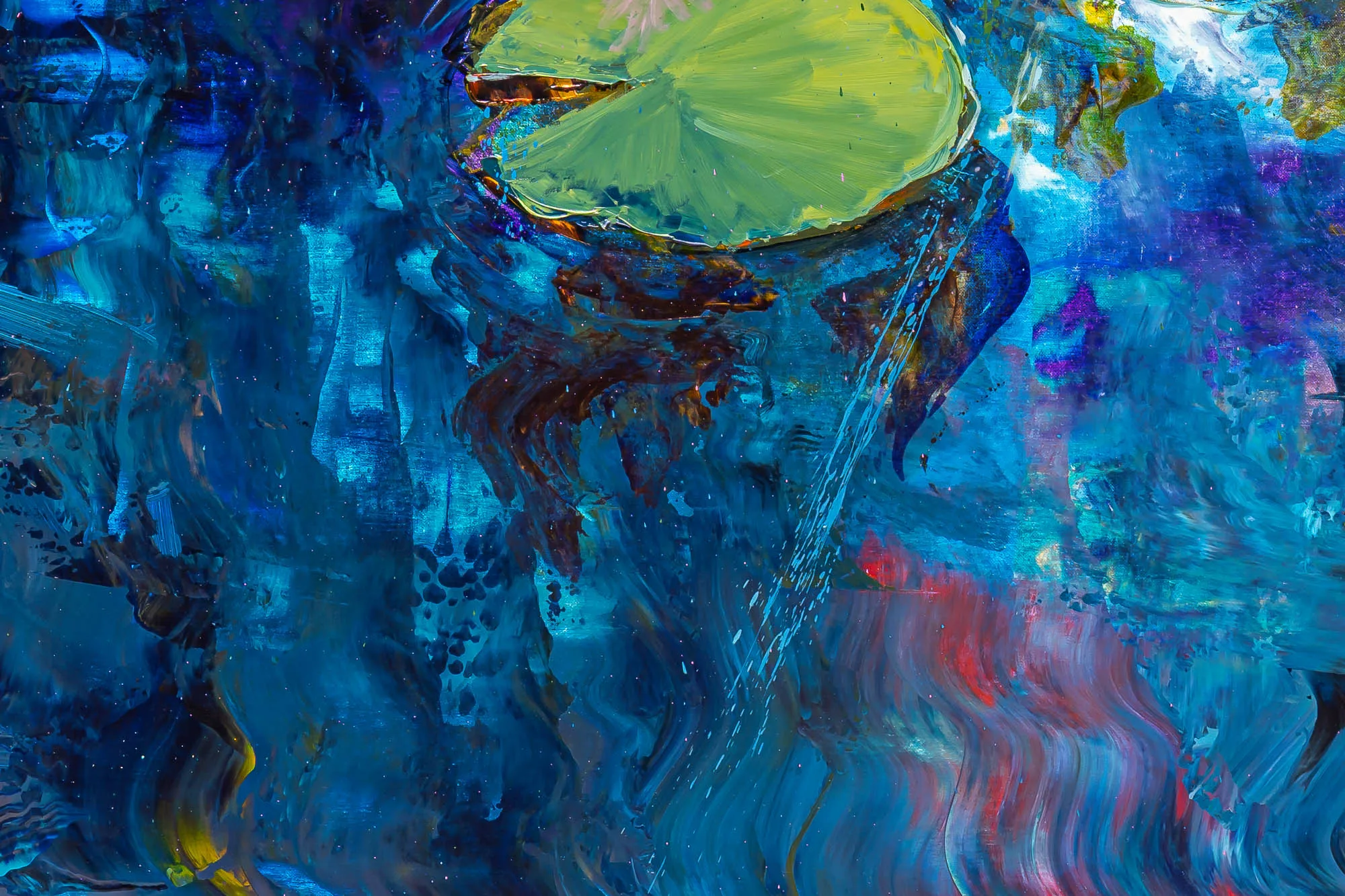 Close-up of Lily Light, a limited edition print by Paul Kenton, showing a yellow-green lily pad over rippling blue water with thick, textured brushstrokes and flecks of red.