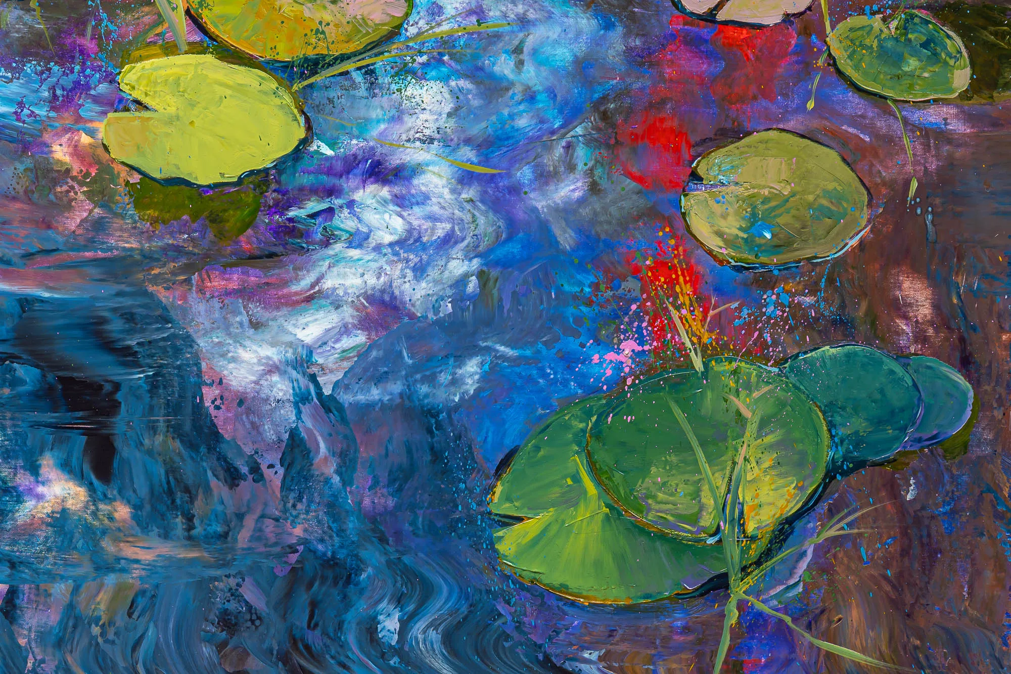 Close-up of Lily Light, a limited edition print by Paul Kenton, showing lily pads in bold yellow-green and deep green strokes over swirling blue, violet and red water with textured brushwork.