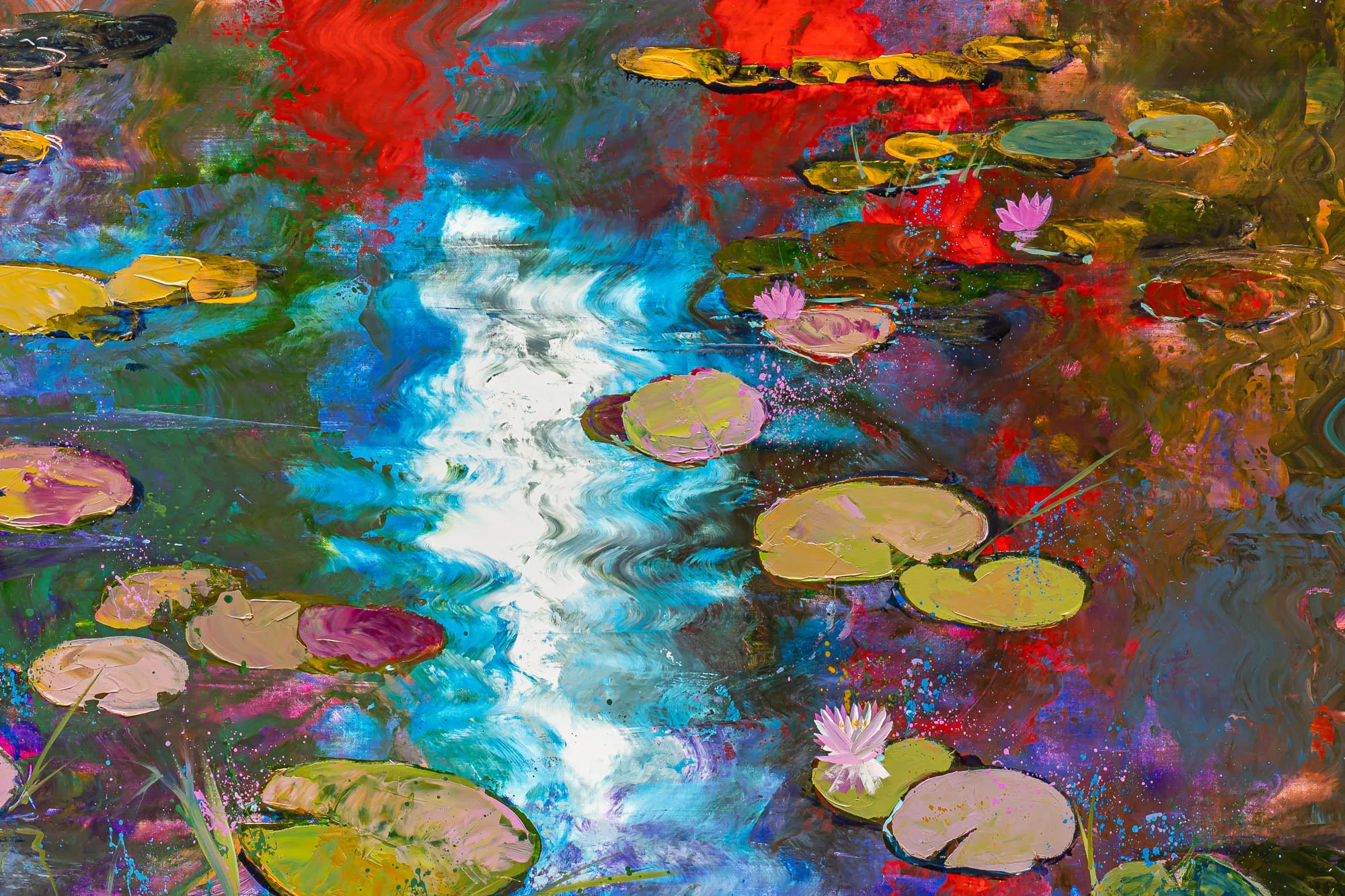 Close-up detail of Lily Light, a limited edition print by Paul Kenton: thick textured brushwork of pink water lilies and green lily pads on a pool reflecting bold red, blue and white.