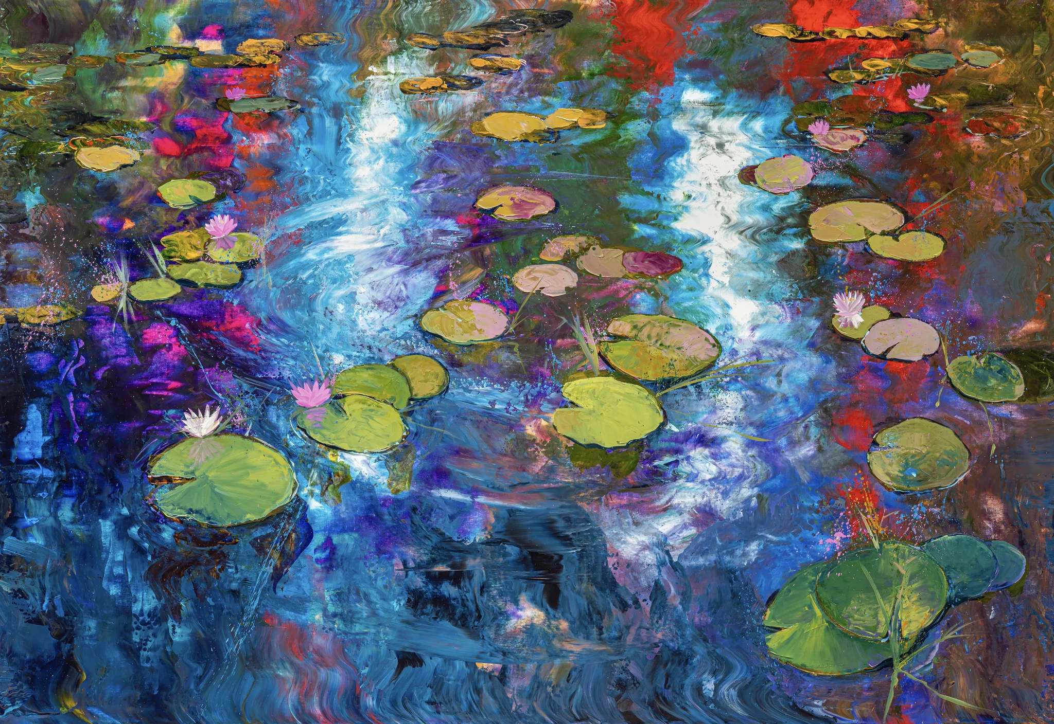 Lily Light, a limited edition giclée print by Paul Kenton: a lily pond of green pads and pink blooms over swirling blue, violet and red reflections, with bold, textured brushstrokes.