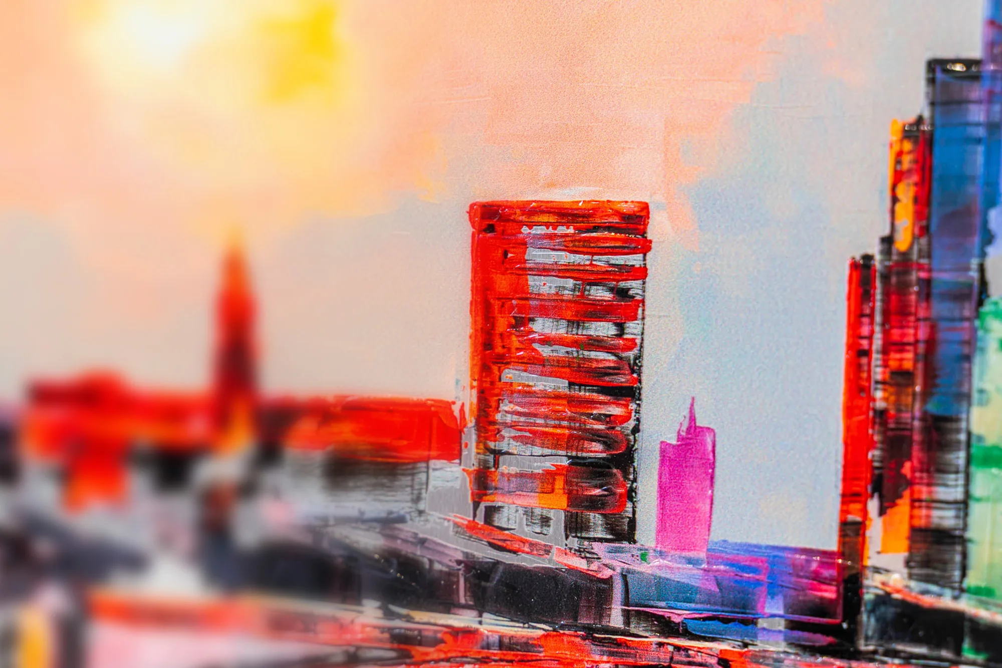 Close-up of London Reflects, a limited edition print by Paul Kenton, showing thick red and pink brushstrokes forming a tall tower against a hazy orange and grey sky, with blurred city blocks below.