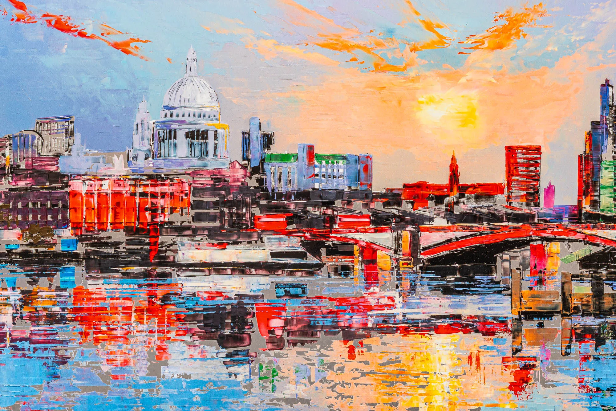 Detail of London Reflects, a limited edition print by Paul Kenton: thick, textured strokes show St Paul's dome, a red bridge and a sunset sky reflected in the river.