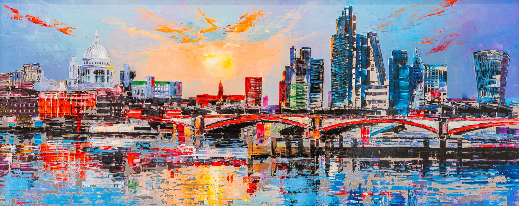 London Reflects, a limited edition print by Paul Kenton: a bold, textured sunset view of St Paul's dome and glass towers across a red-arched bridge, mirrored in blue and orange water.