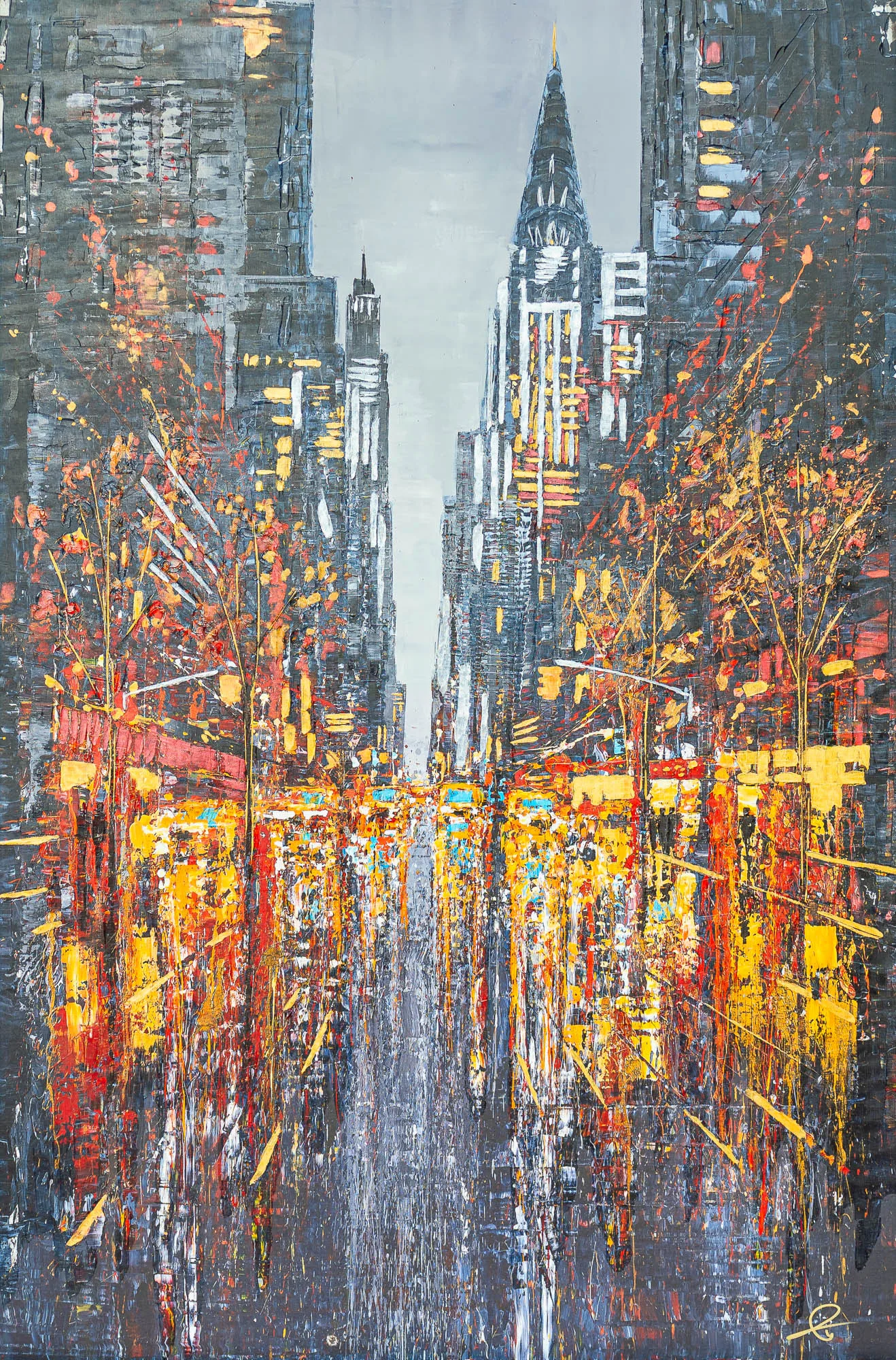 New York Serenade, a limited edition embellished giclée print by Paul Kenton: a rain-slicked Manhattan avenue of grey towers, with a spired skyscraper at its end, glowing amber and red in textured strokes.