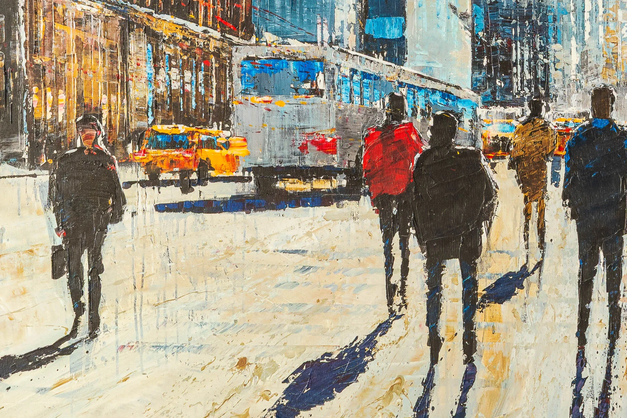Close-up of New York Shadows, a limited edition print by Paul Kenton, showing textured brushwork of pedestrians on a snowy street with yellow taxis and long blue shadows.
