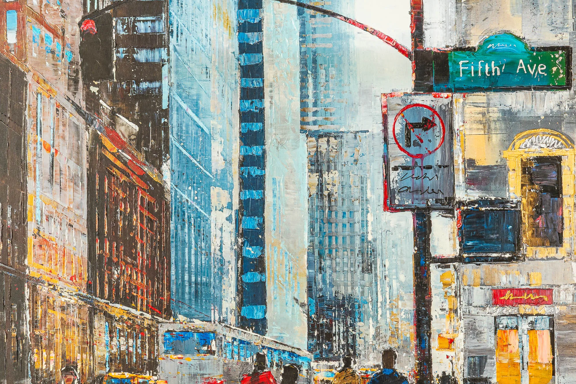 Close-up of New York Shadows, a limited edition embellished giclée print by Paul Kenton, showing textured brushwork on a Fifth Avenue street with towering blue glass towers and pedestrians below.