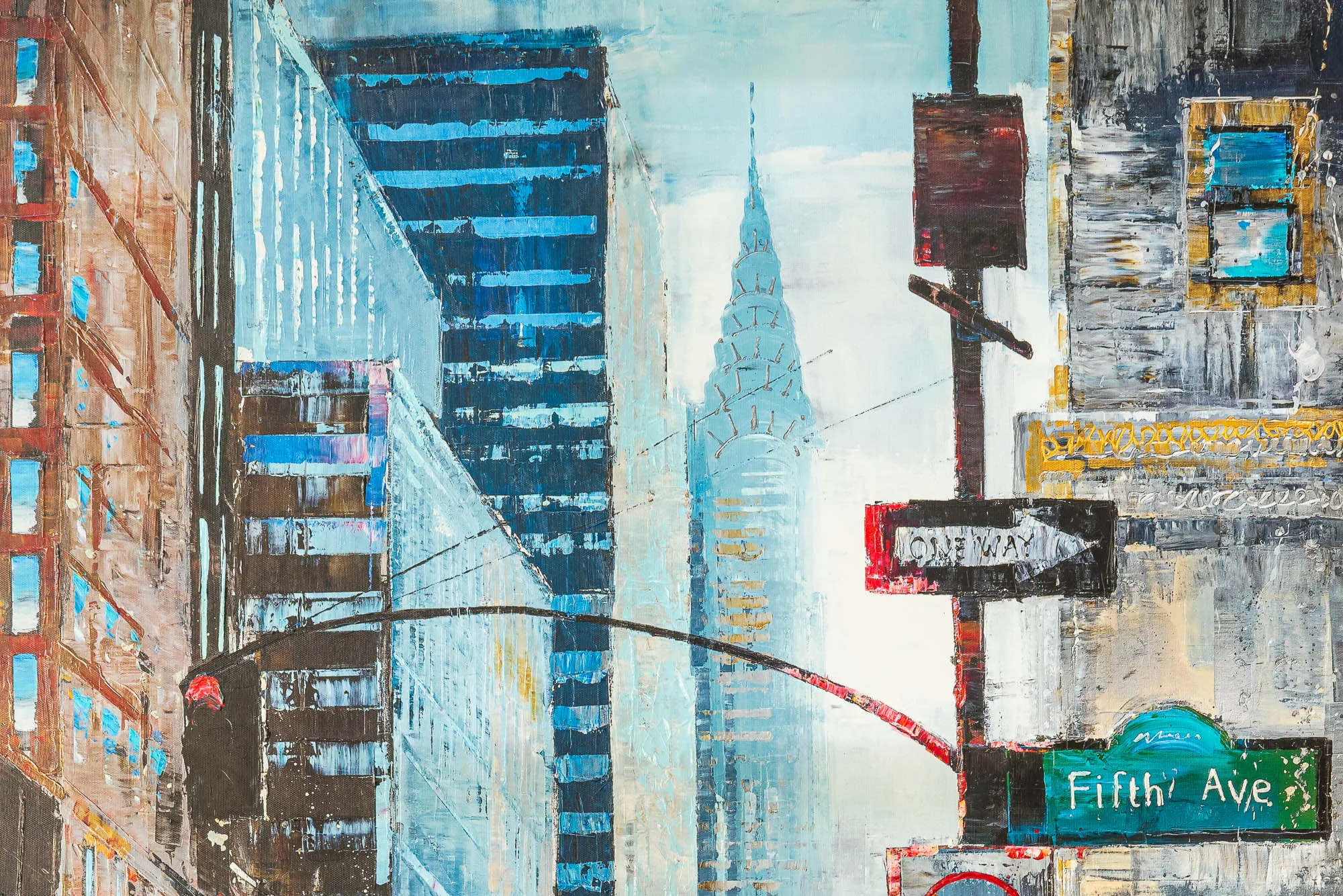 Close-up detail of New York Shadows, a limited edition print: textured blue towers rise beside a pale Chrysler-style spire, with a red-tipped traffic arm, a One Way sign and a Fifth Ave street sign.