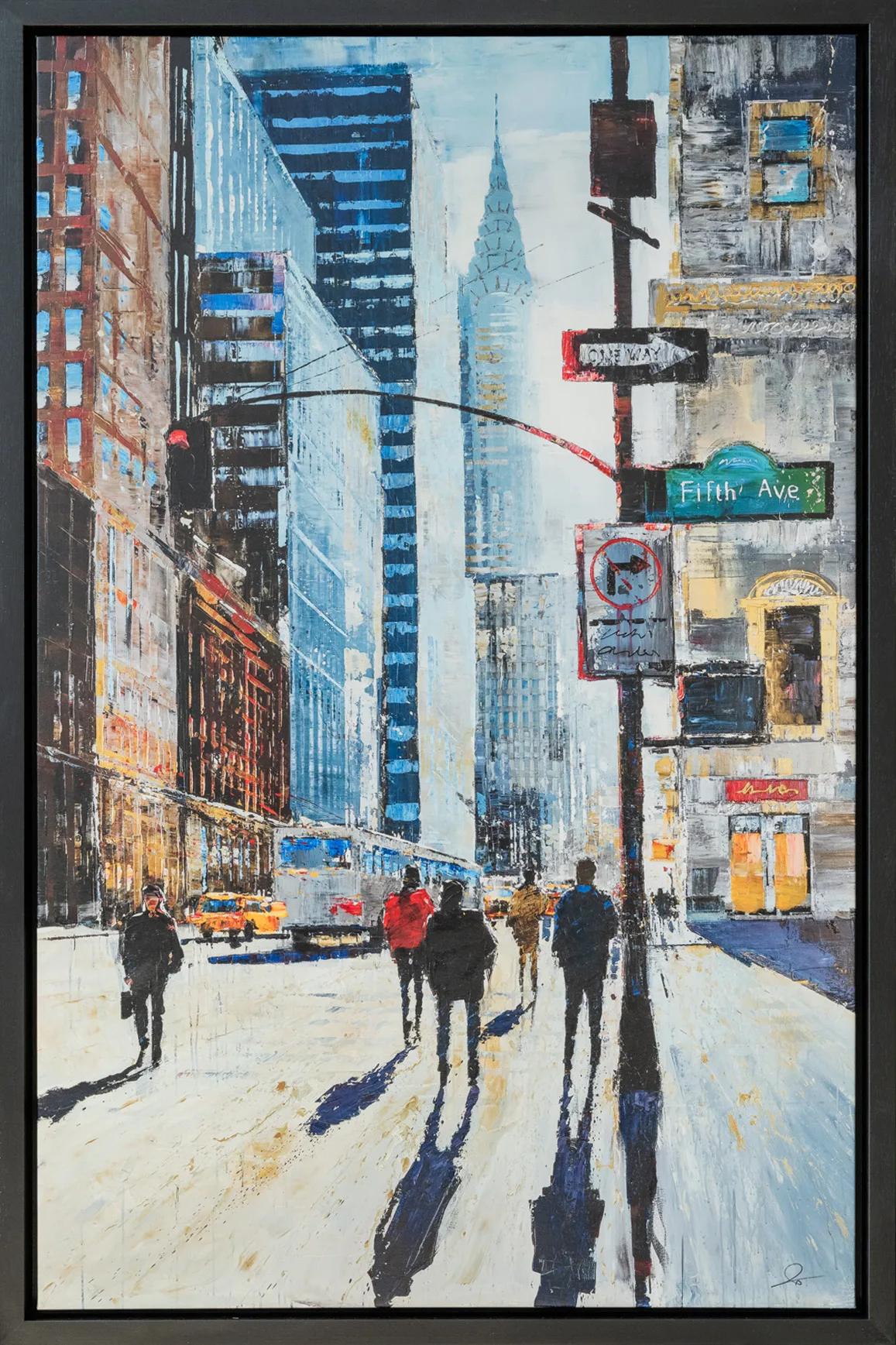 New York Shadows: a painted city street in snowy light, with a Fifth Avenue sign, yellow taxi and long shadows of pedestrians; a tall Chrysler-style spire rises beyond blue towers. Framed in a slim black frame.