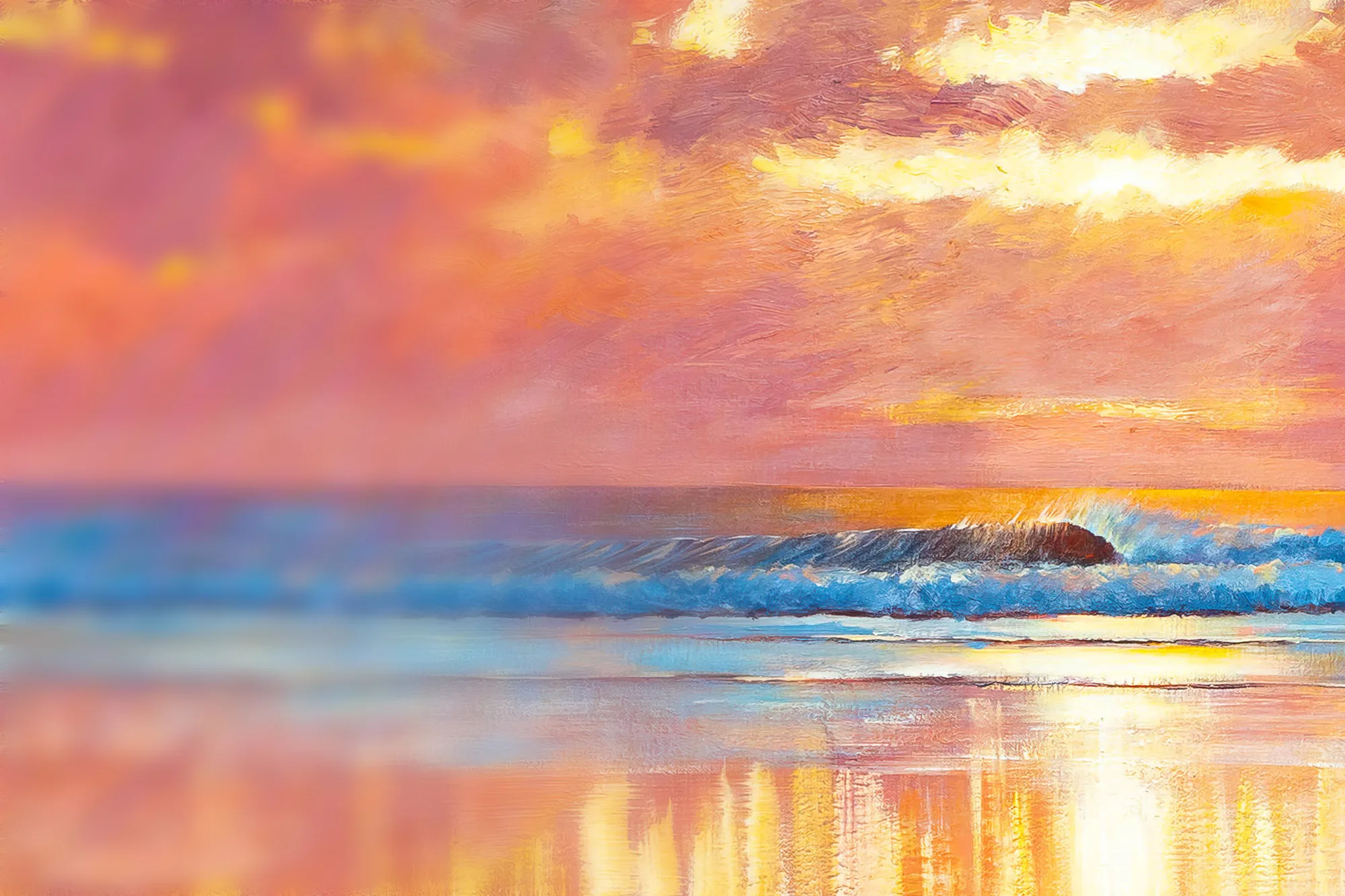 Ocean Harmony, a limited edition print by Paul Kenton, close-up of a sunset sea: a breaking blue wave under a sky of rose, peach and gold brushstrokes, with golden light reflected on wet sand.