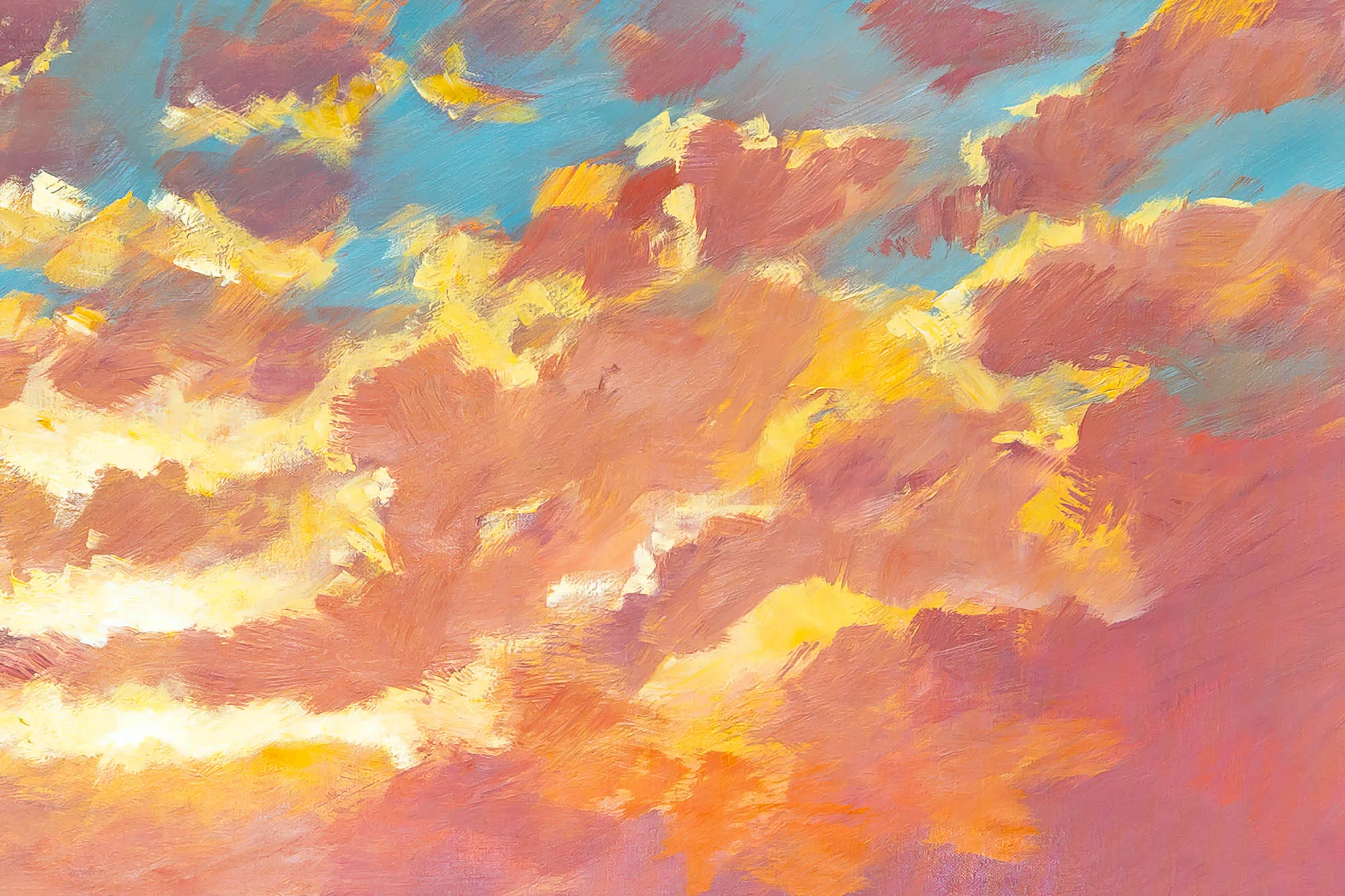 Close-up of Ocean Harmony, a limited edition print by Paul Kenton, showing loose, textured brushstrokes of coral, gold and pink clouds against patches of turquoise sky.