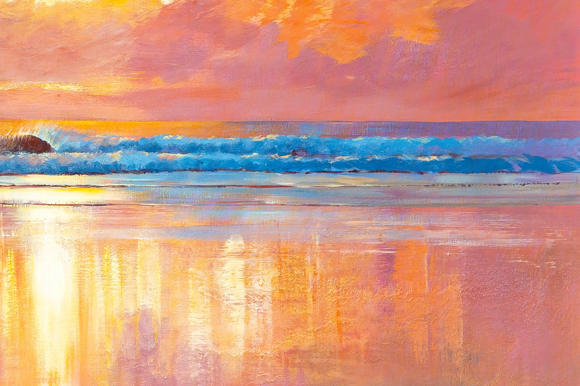 Close-up of Ocean Harmony, a limited edition print by Paul Kenton: textured brushwork of blue breaking waves beneath a pink and orange sunset, with golden light reflected on wet sand.