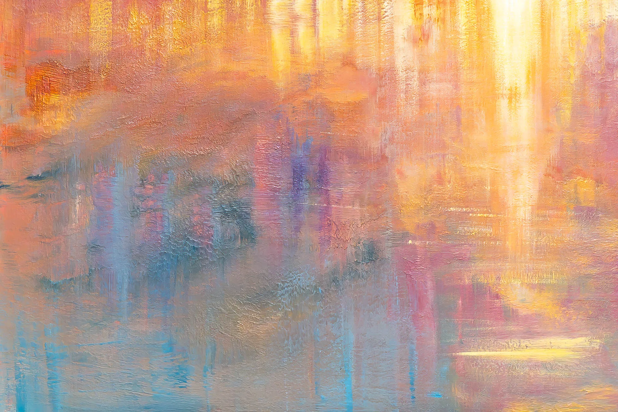 Close-up of Ocean Harmony, a limited edition giclée print by Paul Kenton, showing textured vertical strokes of gold, coral, pink and blue fading into soft grey.