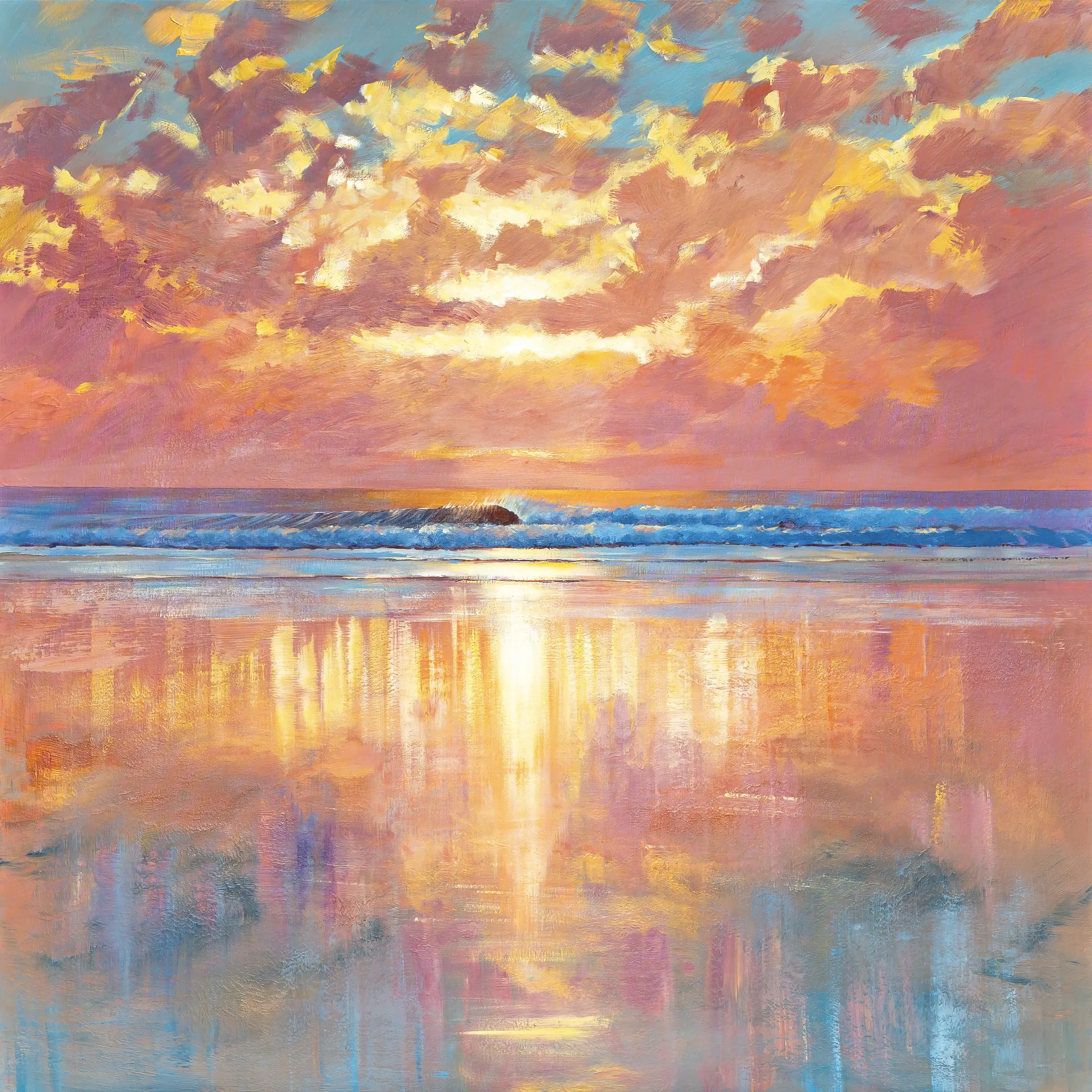 Ocean Harmony, a limited edition giclée print by Paul Kenton: a sunset seascape of glowing pink and gold clouds over a calm blue sea, with golden light reflected across wet sand.