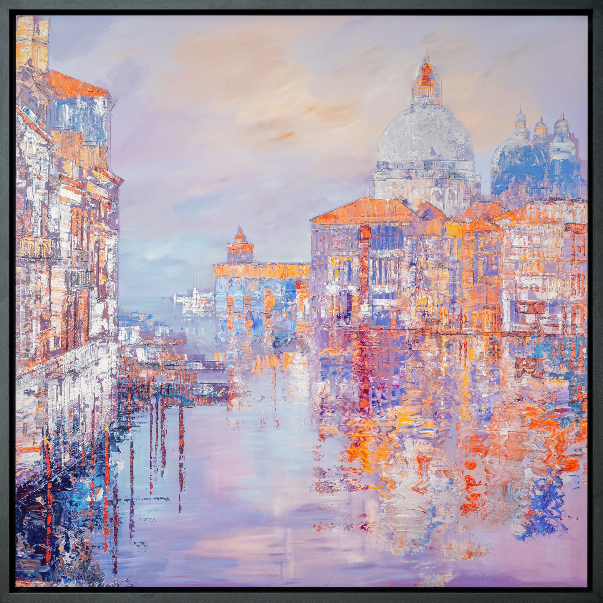 Opalescent Venice, an embellished giclée print on aluminium by Paul Kenton, shown in a slim black frame: a misty Venetian canal at dusk, with a pale domed church and orange-roofed palazzi reflected in lilac water.