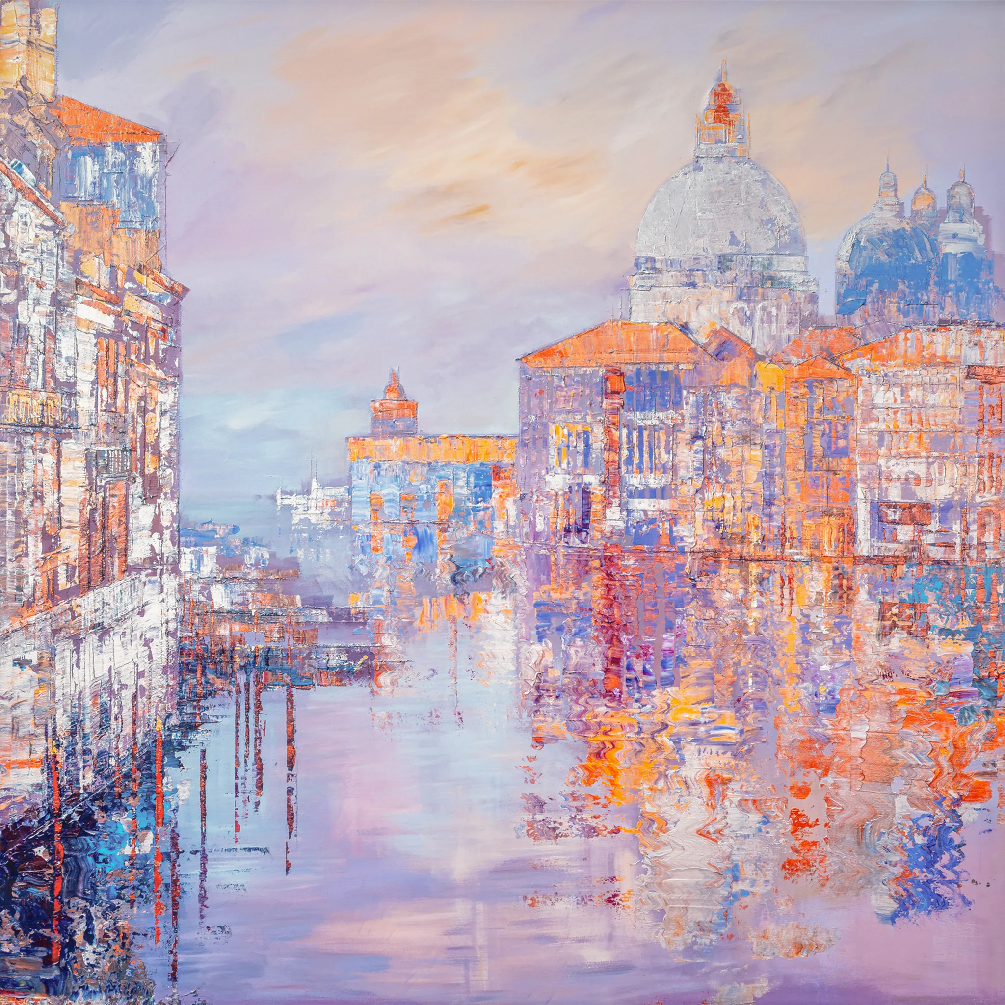 Opalescent Venice, a limited edition print by Paul Kenton: a textured canal scene with a pale domed church and pastel buildings reflected in lilac water, in soft peach and lavender tones.