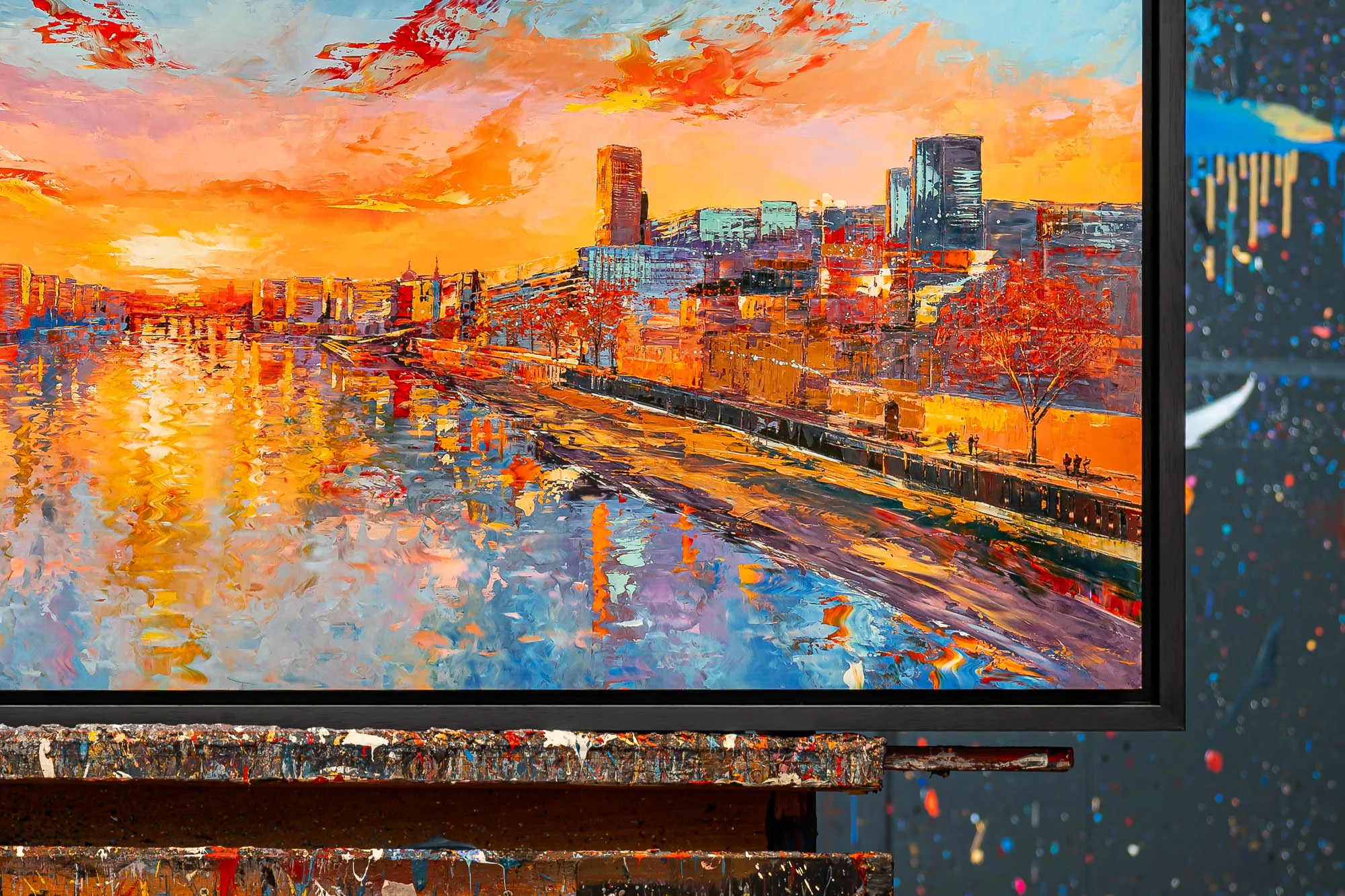 Close-up of Panoramic Glow, a limited edition print by Paul Kenton: a sunset over a London riverside, with thick orange and blue brushstrokes on the water and skyline.