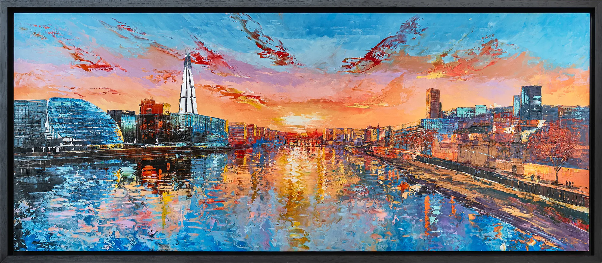 Panoramic Glow, a limited edition print by Paul Kenton in a black floating frame: London's skyline at sunset along the Thames, with a glowing orange sky, blue water and bold textured brushwork.