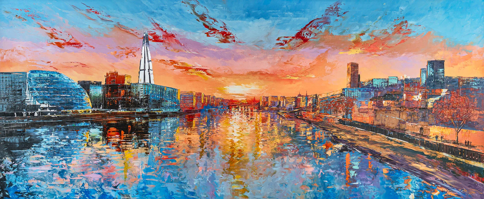 Panoramic Glow, a limited edition print by Paul Kenton: a textured London riverside cityscape at sunset, with a glass tower, blue buildings and warm orange reflections on the water.
