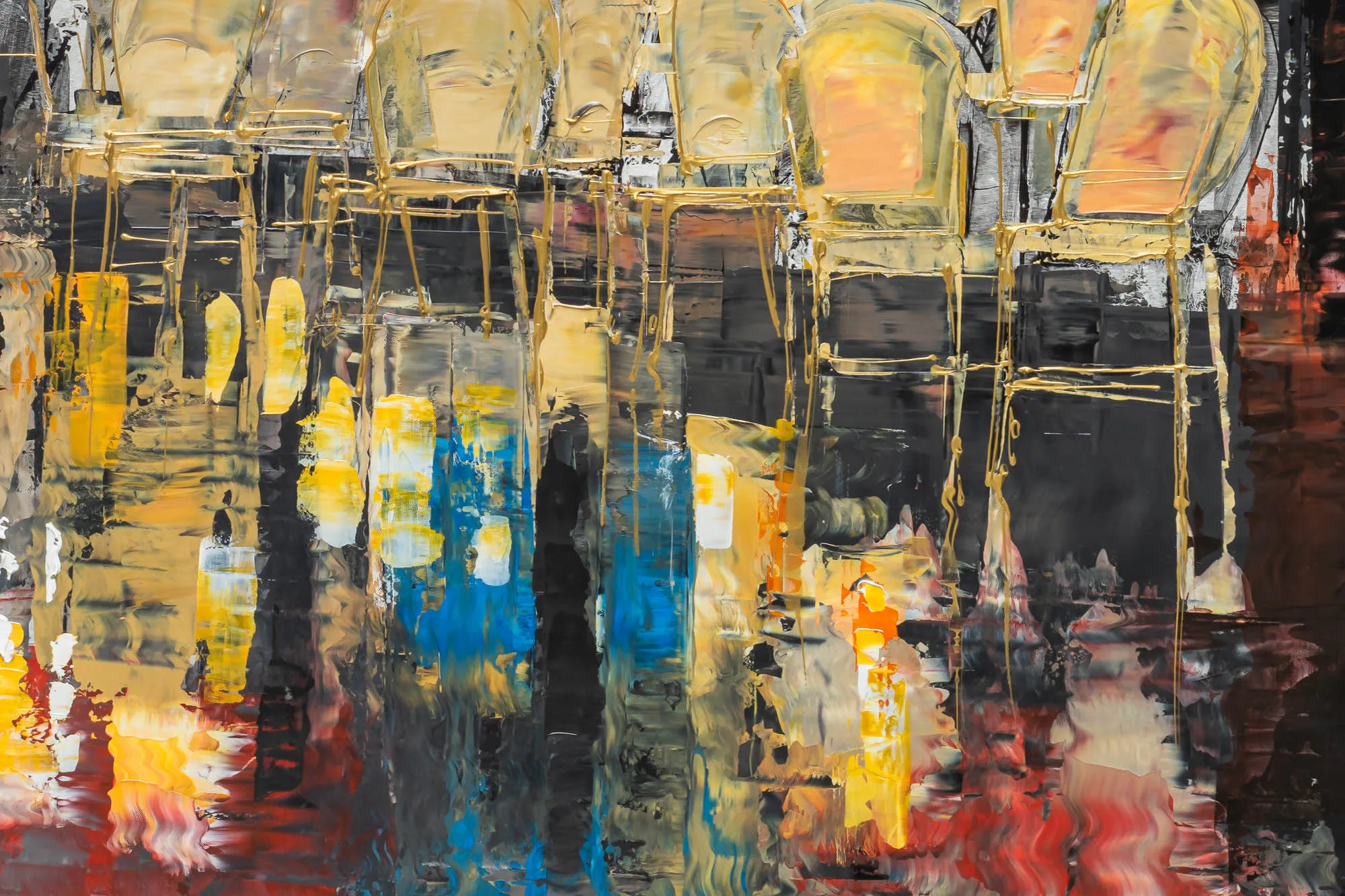Close-up of Parisien Life, a limited edition giclée print by Paul Kenton: thick gold-edged shapes of cafe chairs above bold yellow, blue and red brushstrokes on dark grey.