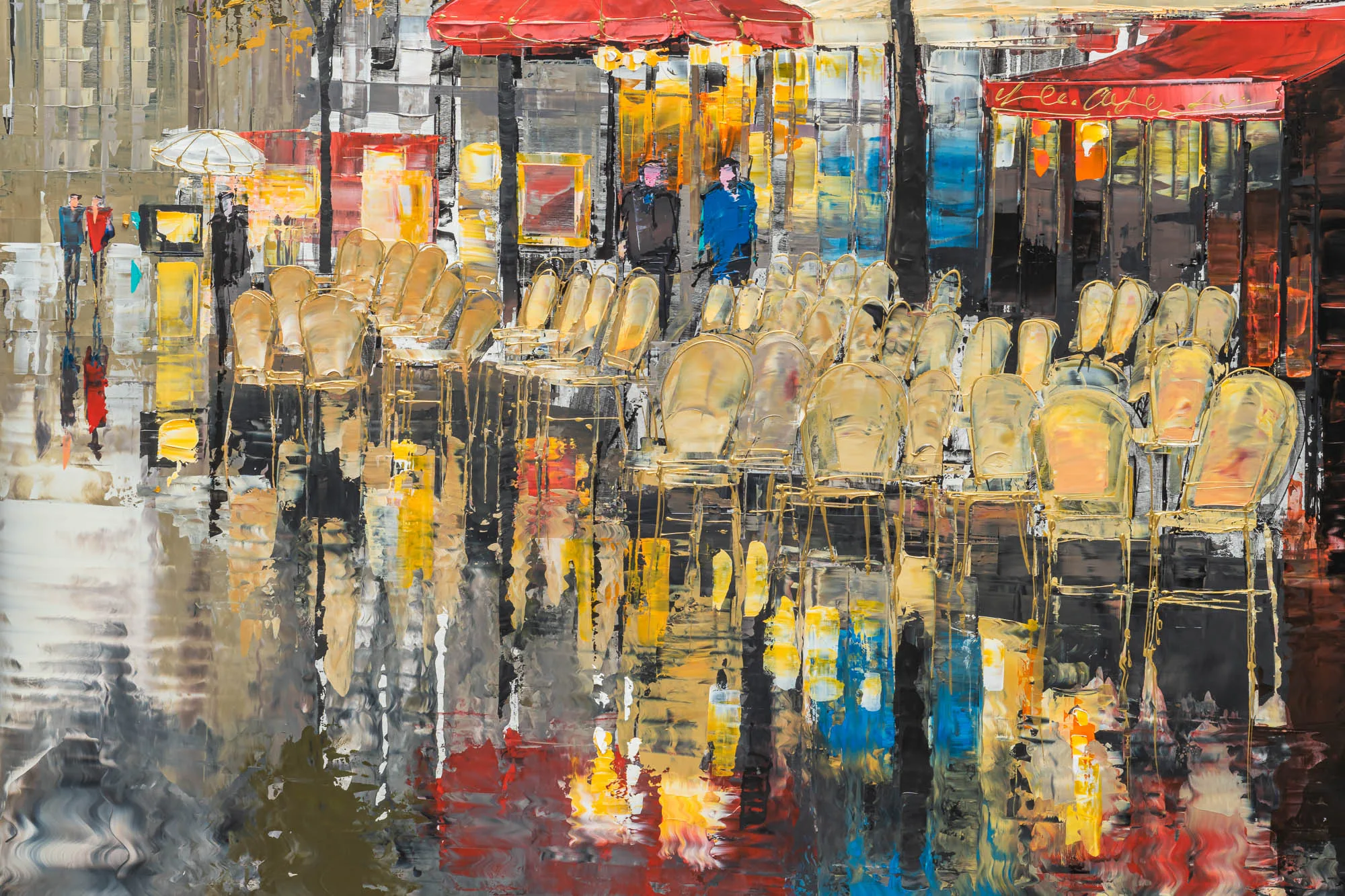 Close-up of Parisien Life, a limited edition print by Paul Kenton: rows of gold chairs with reflections of red awnings and yellow lights on wet pavement, textured in thick paint.
