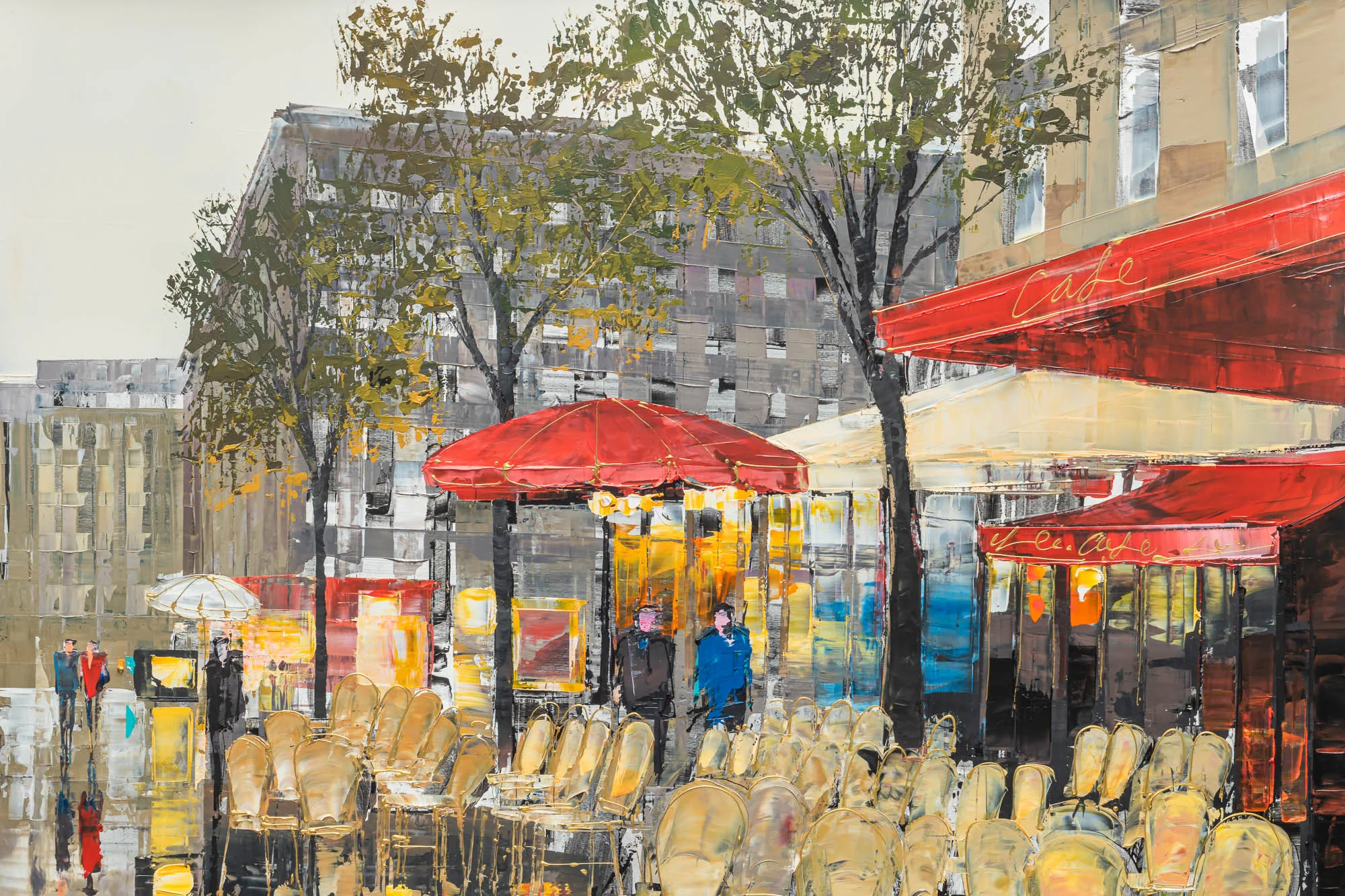 Close-up of Parisien Life, a limited edition Paris café scene: gold bistro chairs, red awnings and parasol in bold, textured strokes.