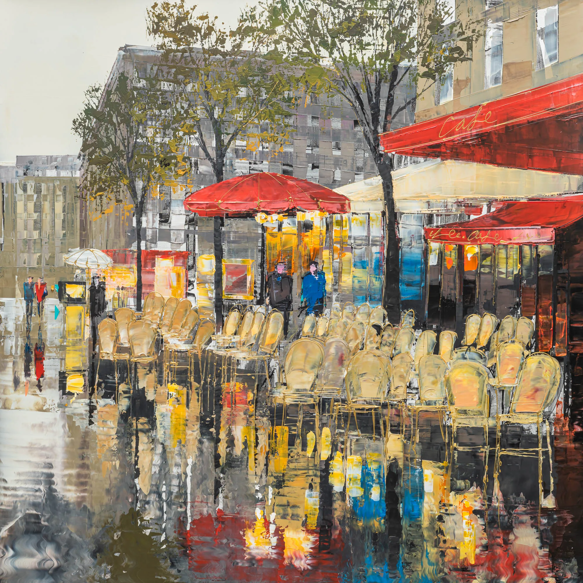 Parisien Life, a limited edition giclée print by Paul Kenton: rows of pale gold cafe chairs and red awnings on a wet Paris pavement, reflecting yellow, red and blue light.