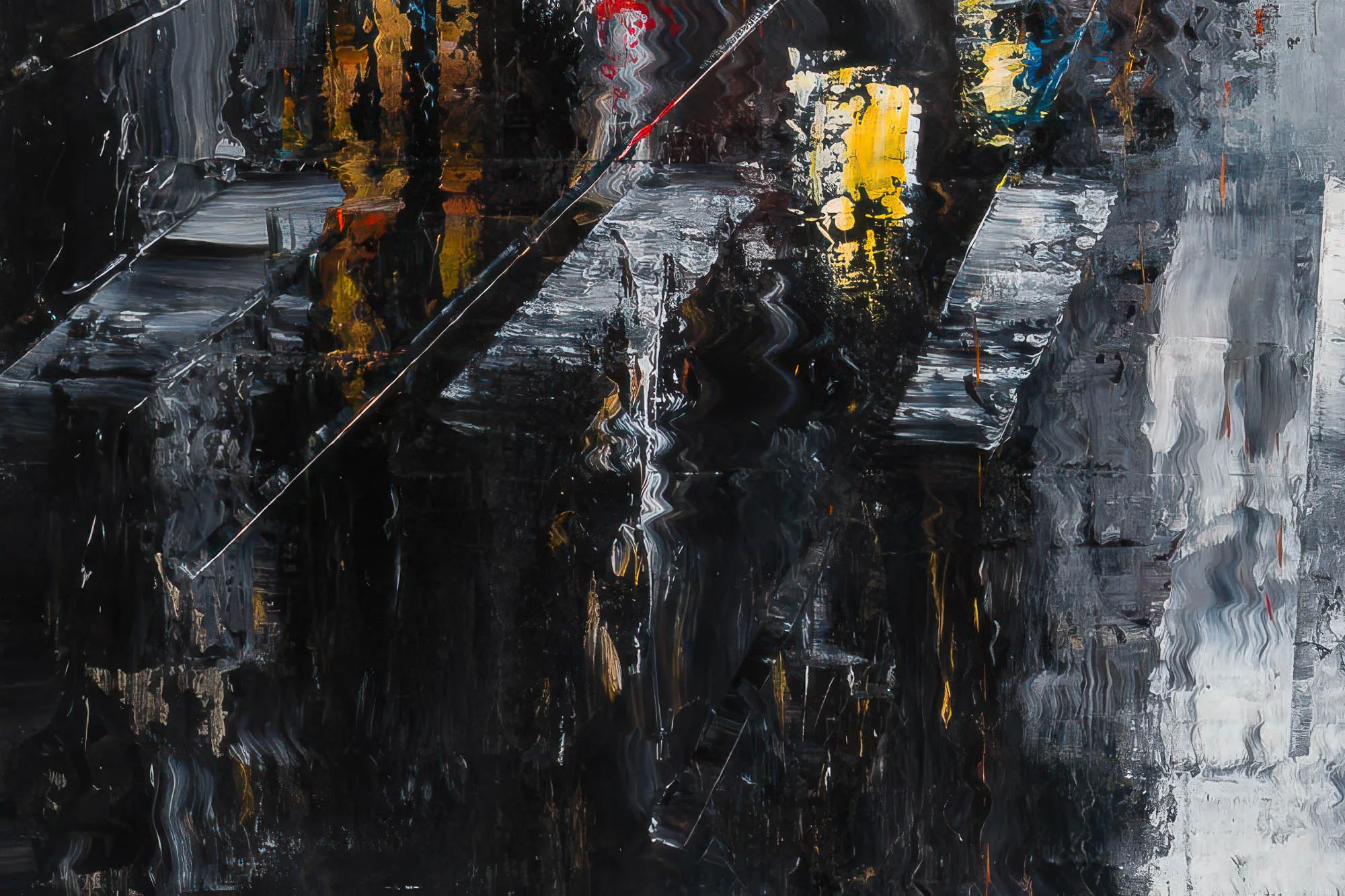 Close-up of Shades Of The City, a limited edition print by Paul Kenton: dark, heavily textured city streets in black and grey, with flecks of yellow, red and blue light and glossy, rippling paint.