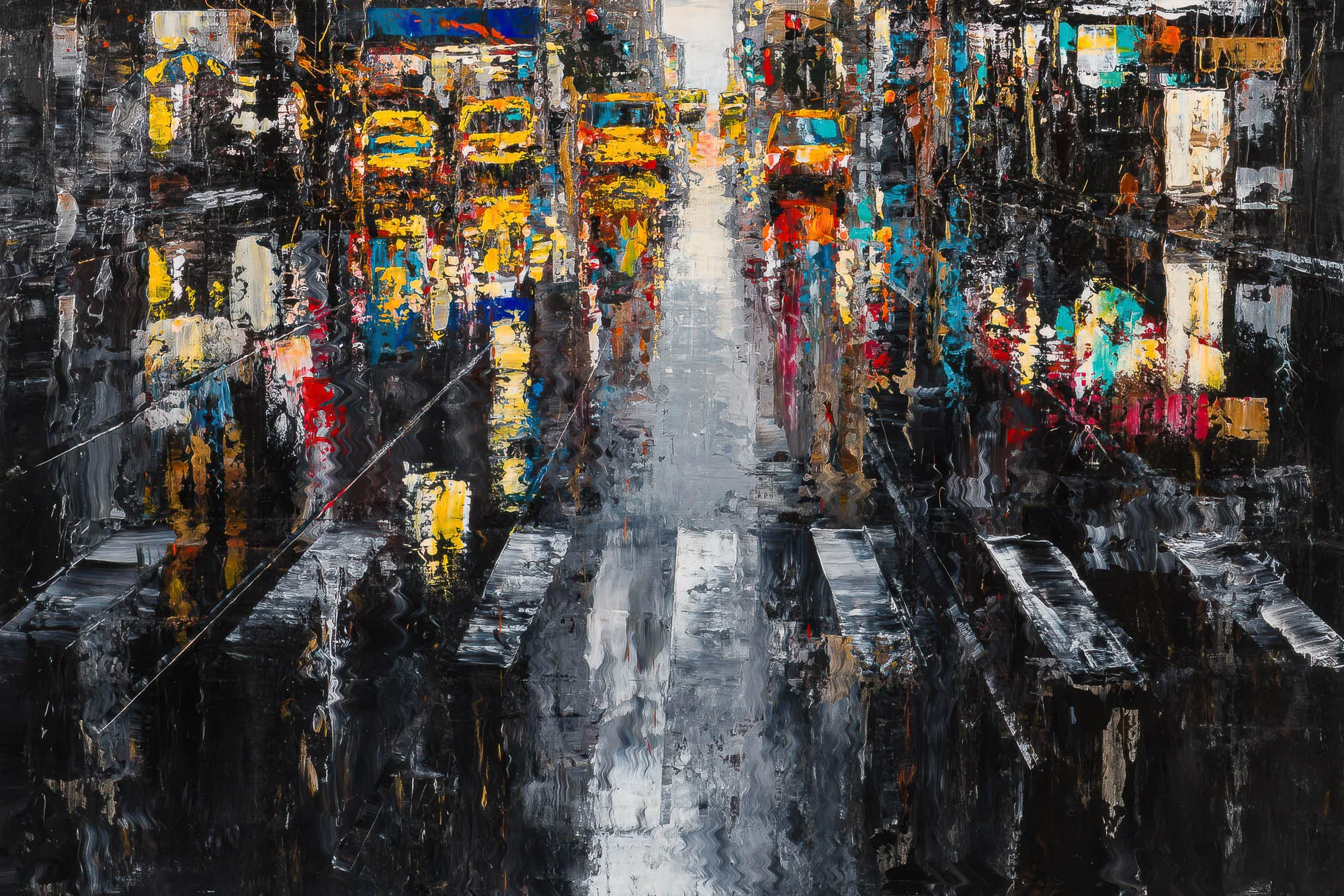 Close-up of Shades of the City, a limited edition giclée print by Paul Kenton: thick palette-knife strokes of yellow, red and blue lights blur down a wet, dark street of New York.