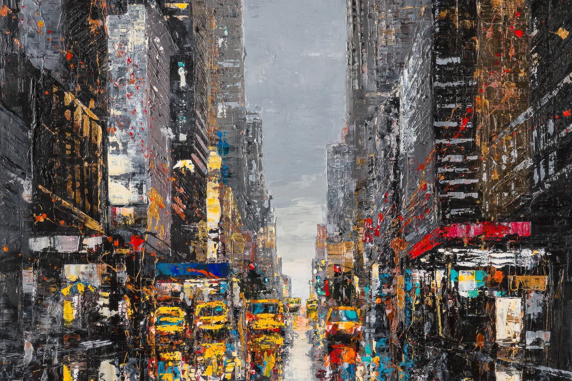 Close-up of Shades Of The City, a limited edition print of Paul Kenton's New York street scene: textured grey towers, a pale sky and yellow taxis with bold splashes of red and orange.