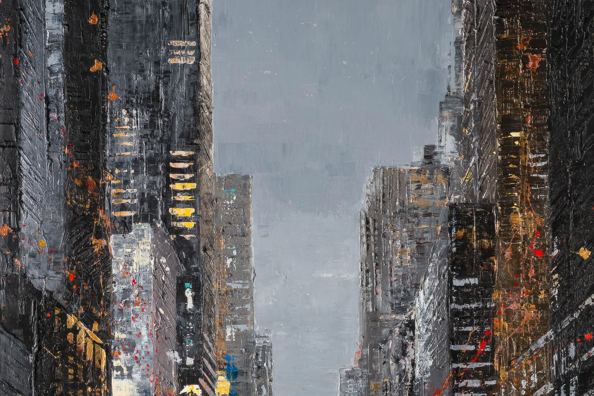 Close detail of Shades Of The City, a limited edition print by Paul Kenton: textured grey and black skyscrapers rise either side of a misty sky, flecked with gold and red paint.