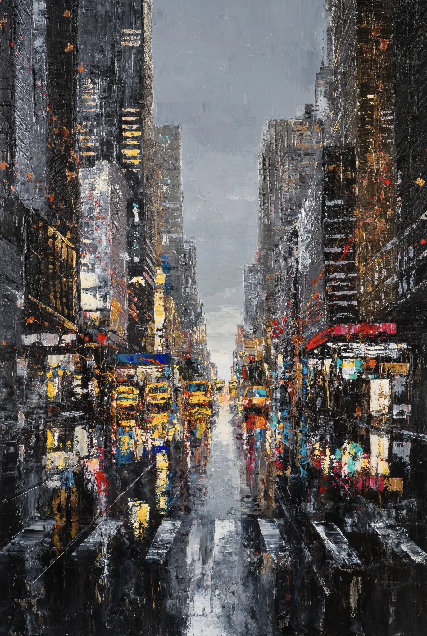 Shades of the City, a limited edition giclée print by Paul Kenton: a rain-soaked New York street at dusk, with yellow taxis and glowing shopfronts reflected on wet tarmac between tall grey towers.