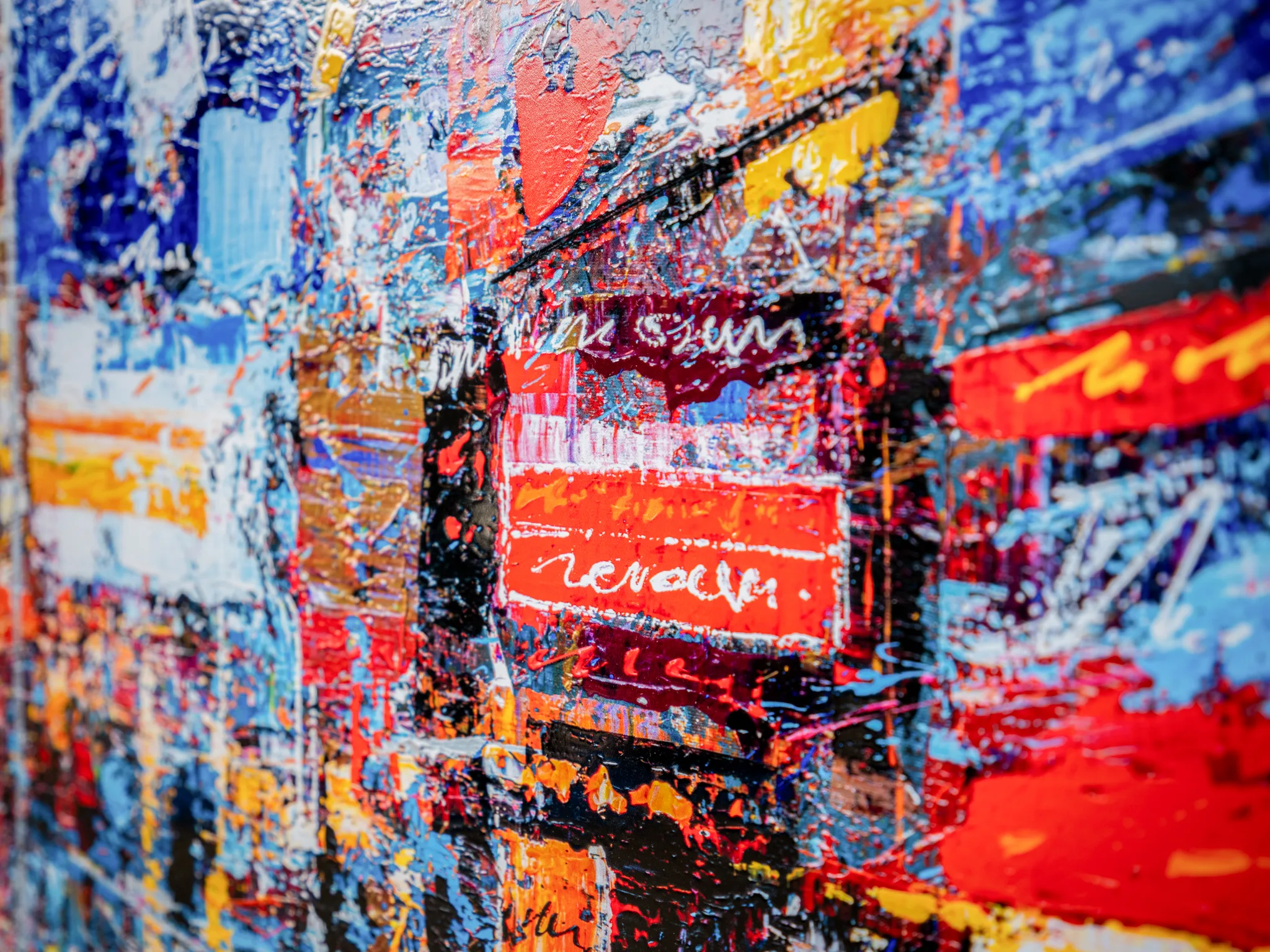 Close-up of Steps Through Times Square, a limited edition print by Paul Kenton, showing thick, textured red, blue and yellow brushstrokes around a red sign with white lettering.