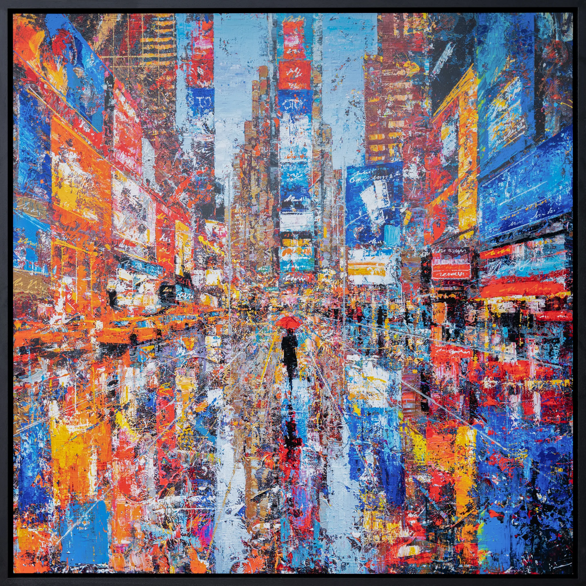 Steps Through Times Square, a limited edition print by Paul Kenton in a black frame: a lone figure under a red umbrella walks a rain-slicked street between bold, glowing orange, red and blue billboards.
