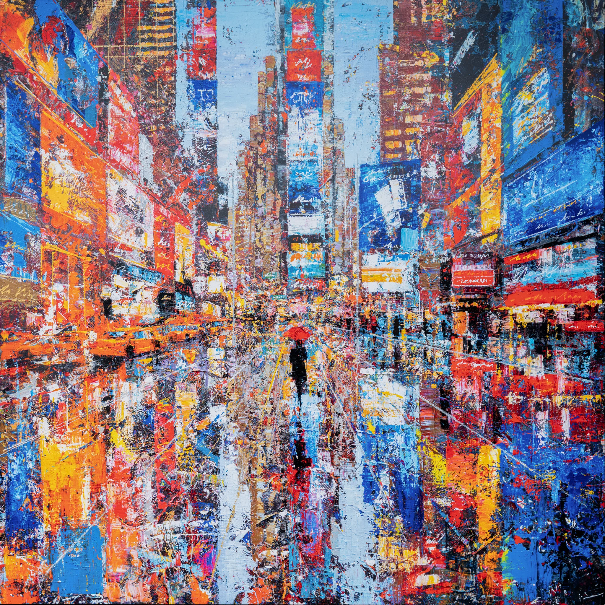 Steps Through Times Square, a limited edition print by Paul Kenton: a lone figure under a red umbrella walks down a rain-slicked street lit by bold blue, orange and red billboards.