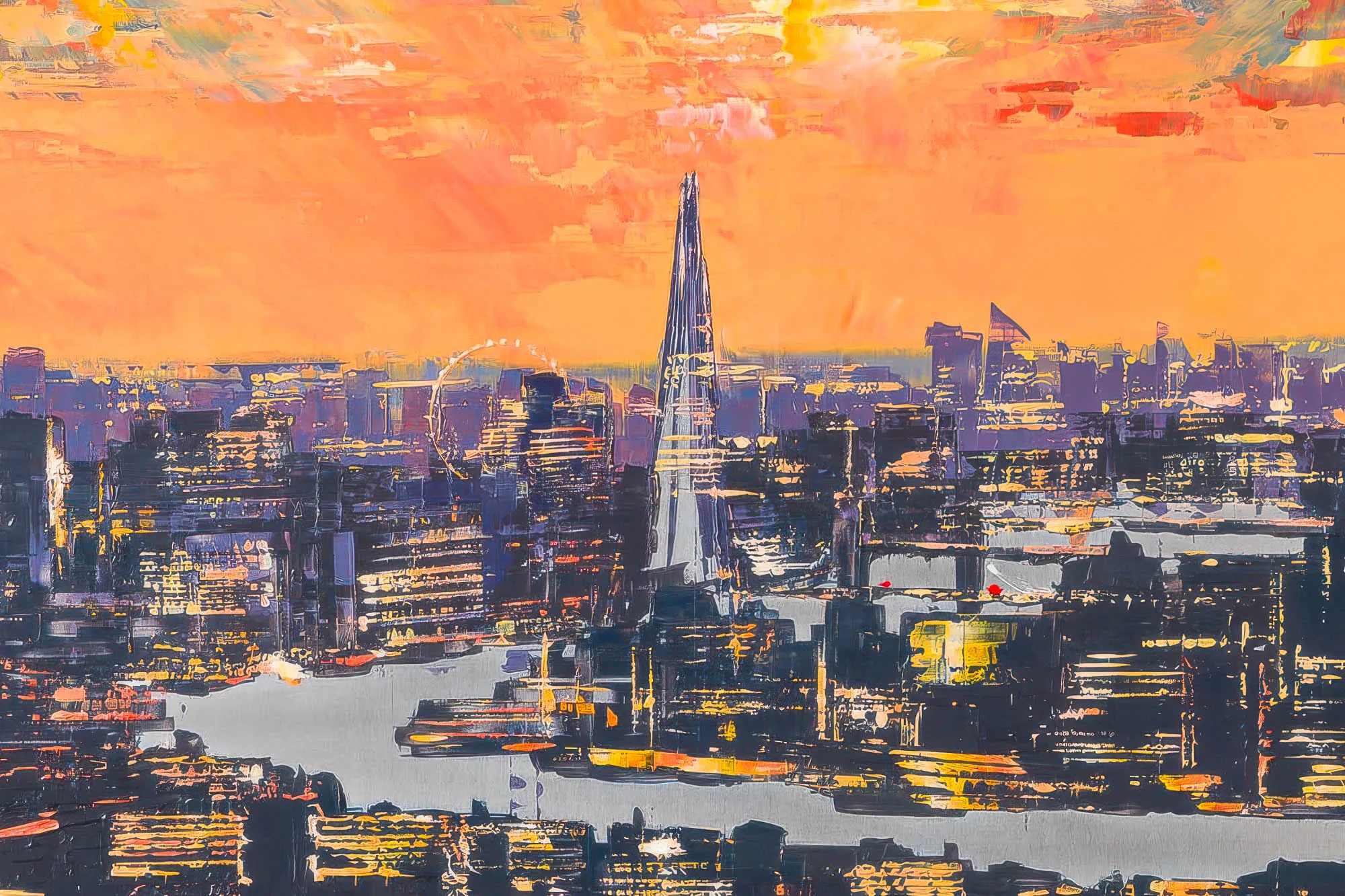 Close-up of The City Of Dreams, a limited edition London print: the Shard rises above a river at sunset, with an orange sky and textured, dark silhouetted buildings.
