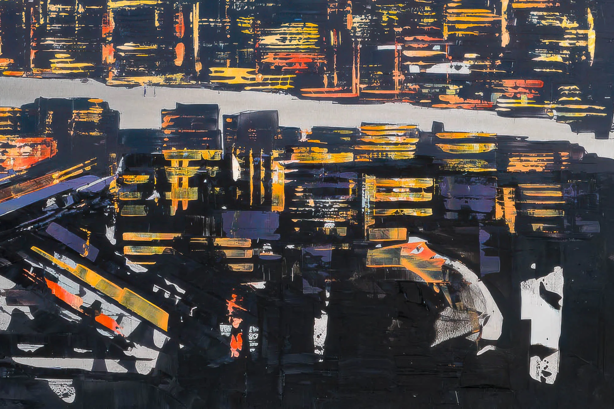 Close-up of The City Of Dreams, a limited edition giclée print by Paul Kenton: dense black ground broken by thick strokes of gold, orange and violet, suggesting lit towers across a pale river.