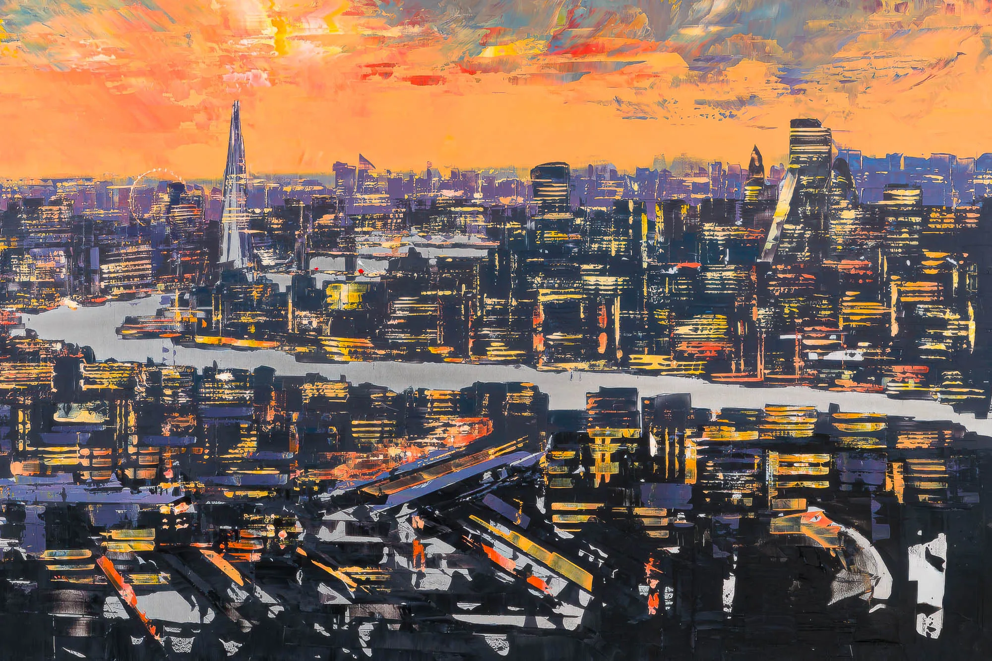 Close-up of The City Of Dreams, a limited edition giclée print by Paul Kenton: a bold, textured London skyline at dusk, with orange sky, glowing windows and a pale river.