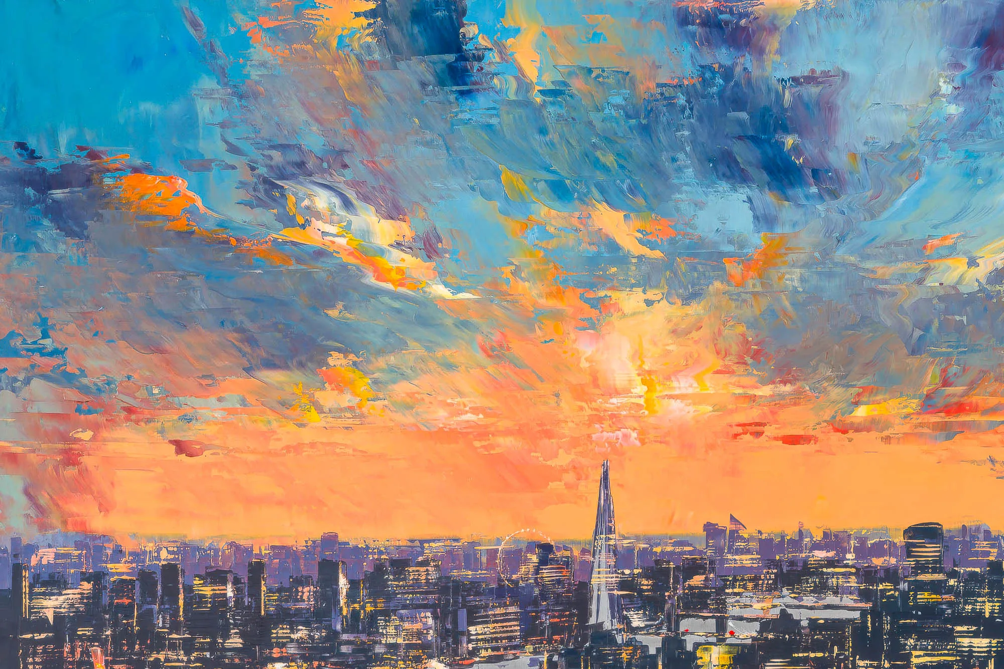 Close-up of The City Of Dreams, a limited edition print by Paul Kenton: a textured sunset sky of blue, orange and gold over a London skyline, with the Shard rising at centre.