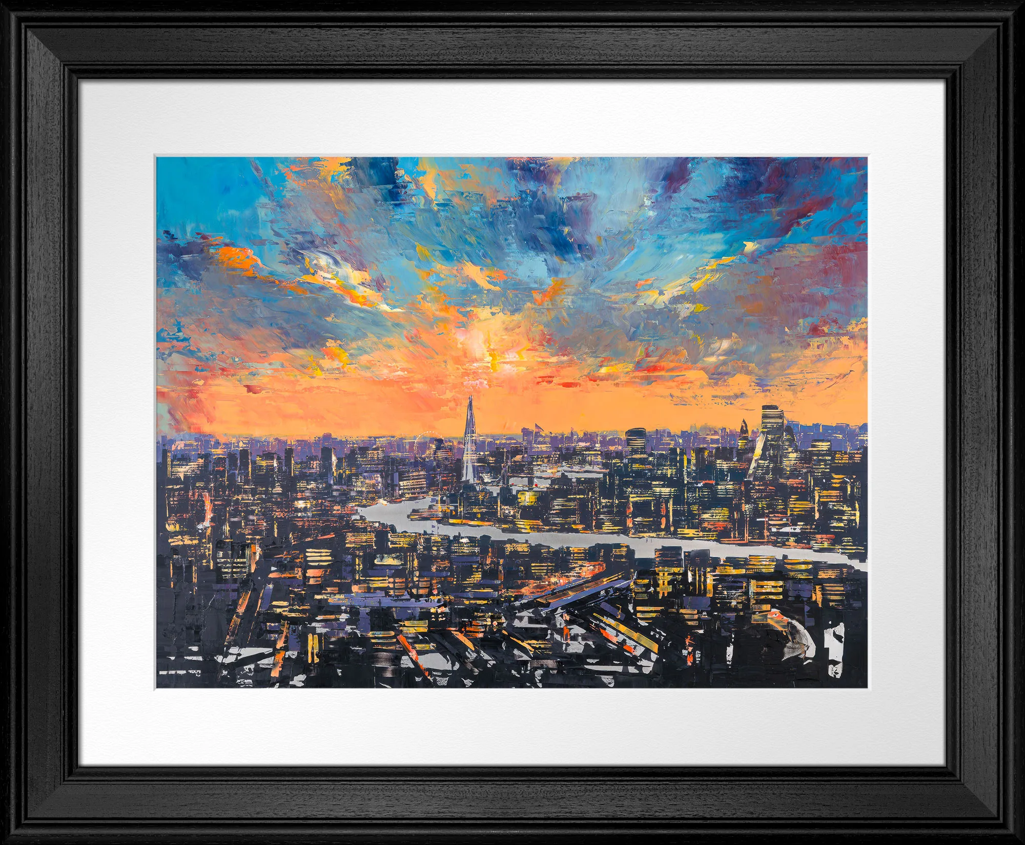 The City Of Dreams, a limited edition print by Paul Kenton in a black frame with a white mount: London's skyline under a bold orange and blue sunset, with the Shard rising above glowing streets and the Thames.