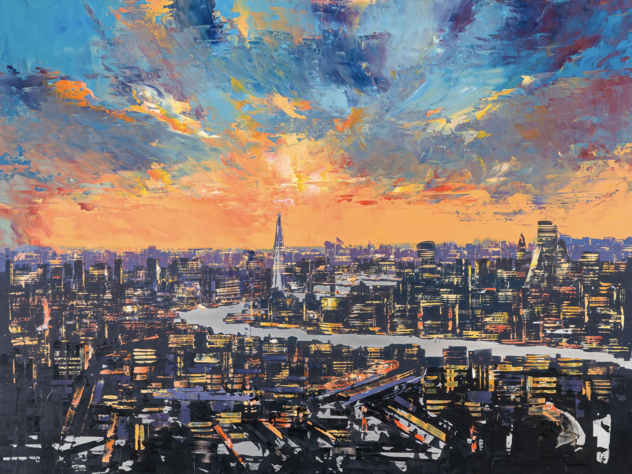 The City Of Dreams, a limited edition giclée print by Paul Kenton: an aerial view of London at sunset, the Shard rising over the Thames beneath a fiery orange and blue sky, with dense, glowing city lights below.