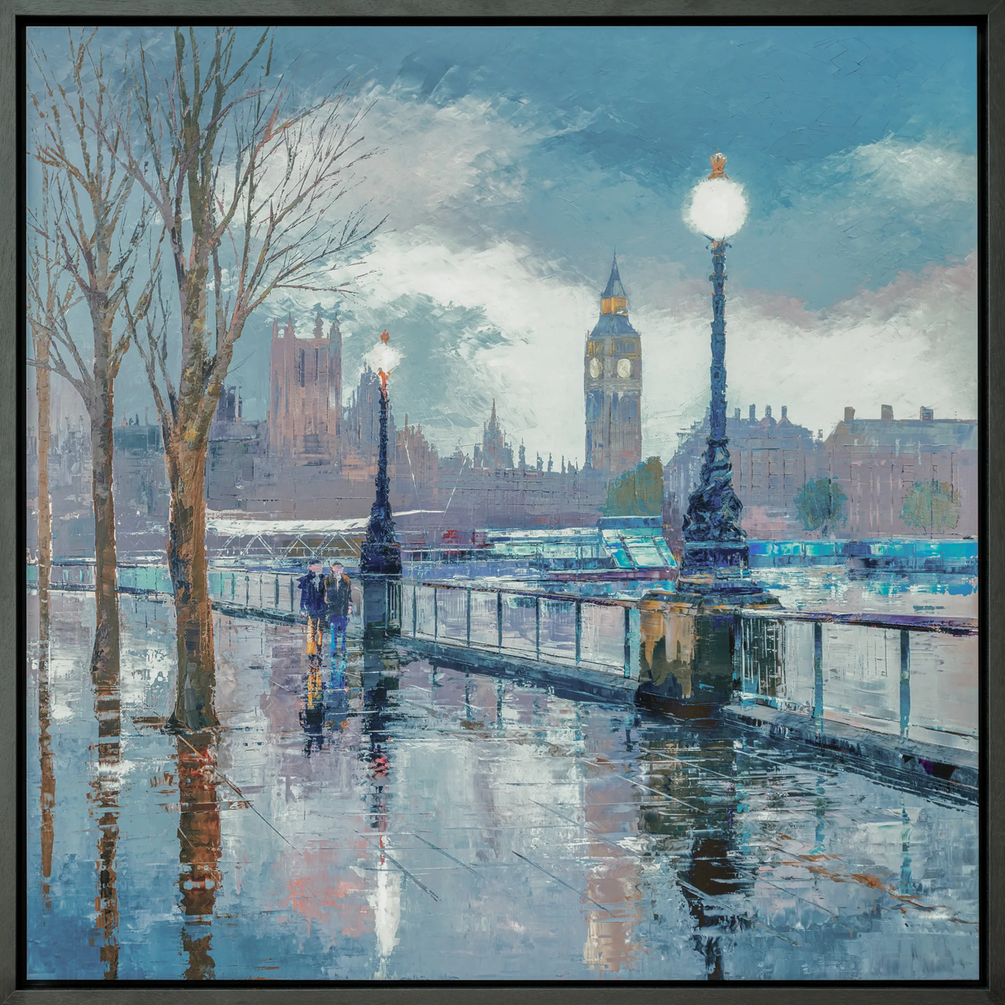 Thames Light, a limited edition print by Paul Kenton in a dark grey frame: a rain-soaked London riverside walkway at dusk, with bare trees, glowing street lamps and Big Ben in blue and cream tones.