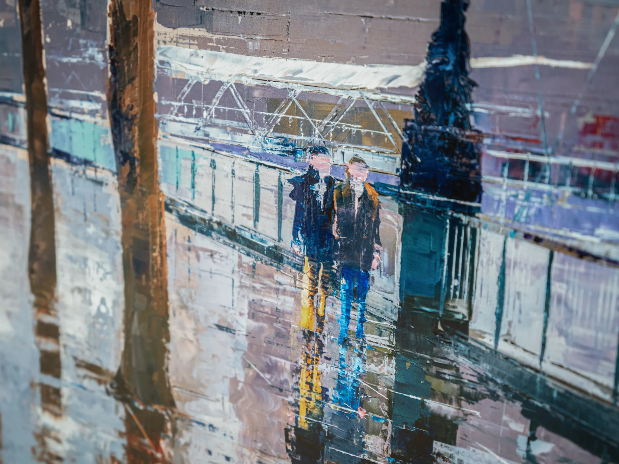 Close-up of Thames Light by Paul Kenton, showing two figures in dark coats walking along a wet riverside path, with thick textured strokes of blue, grey and ochre in the reflections.