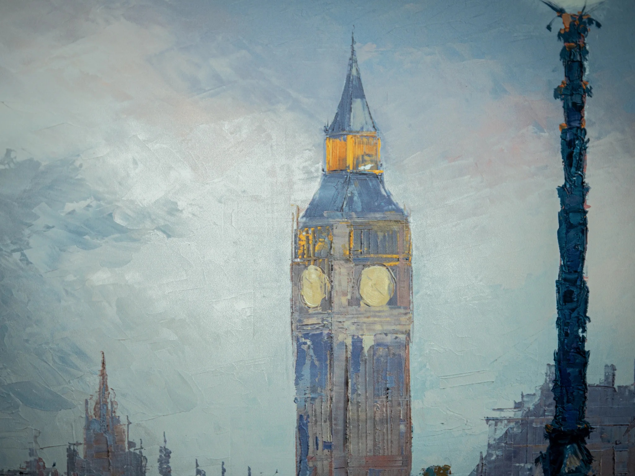 Close-up of Thames Light, a limited edition print of London: a textured clock tower with glowing gold clock faces rises through pale grey-blue mist, beside a dark lamppost.