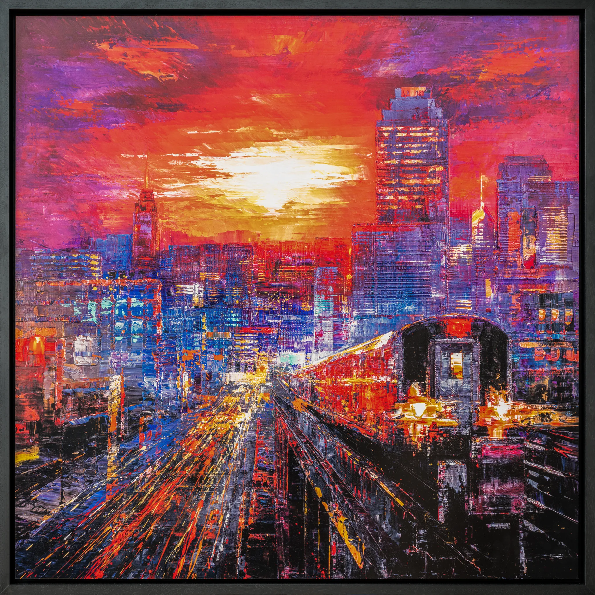 Urban Approach, an embellished giclée print on aluminium by Paul Kenton, in a black frame: a red and violet sunset blazes behind a New York skyline, while a red subway train curves toward the viewer over glowing streaks of light.