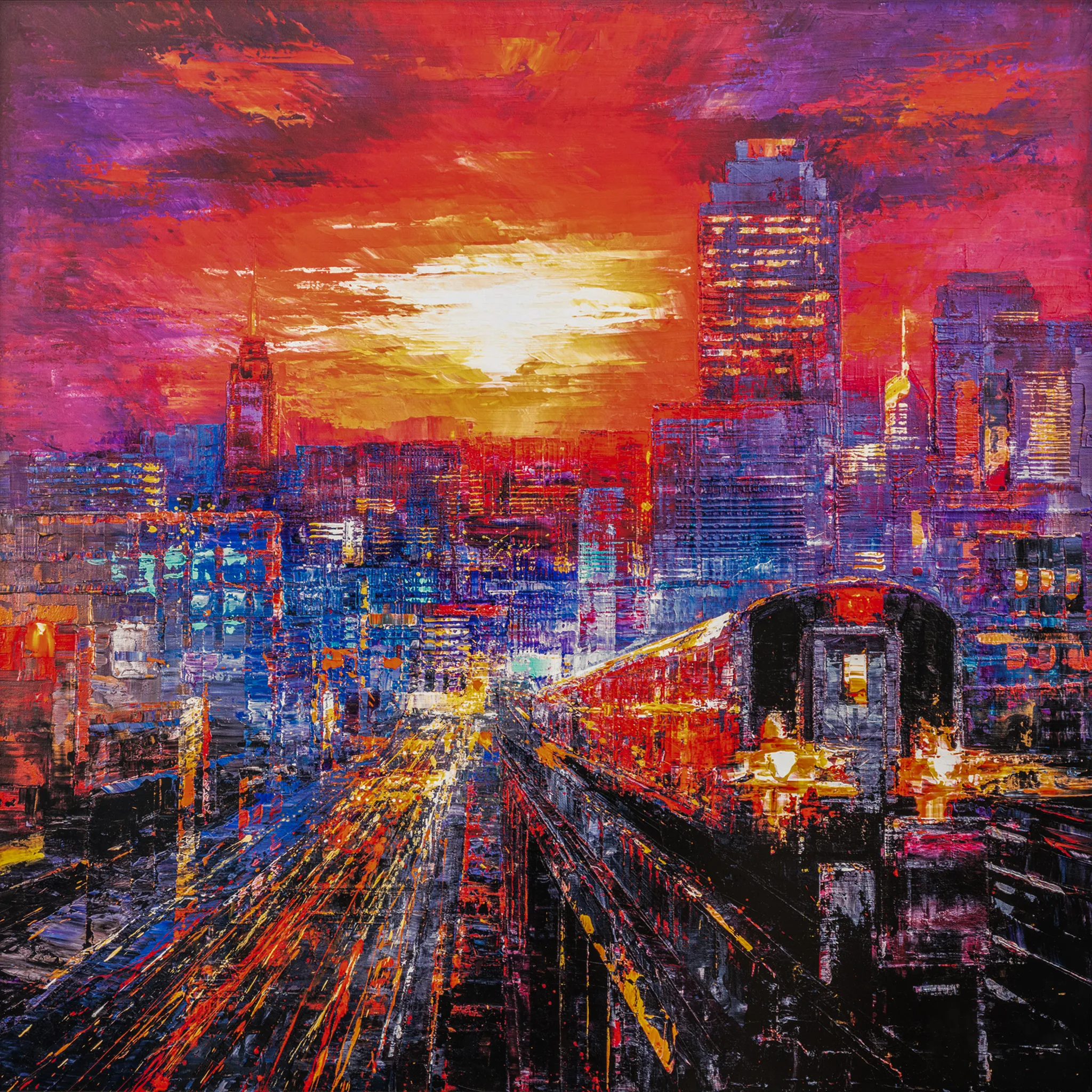 Urban Approach, a limited edition print by Paul Kenton: a bold, textured city at sunset, with a red-orange sky, a glowing sun and an elevated train curving past skyscrapers.