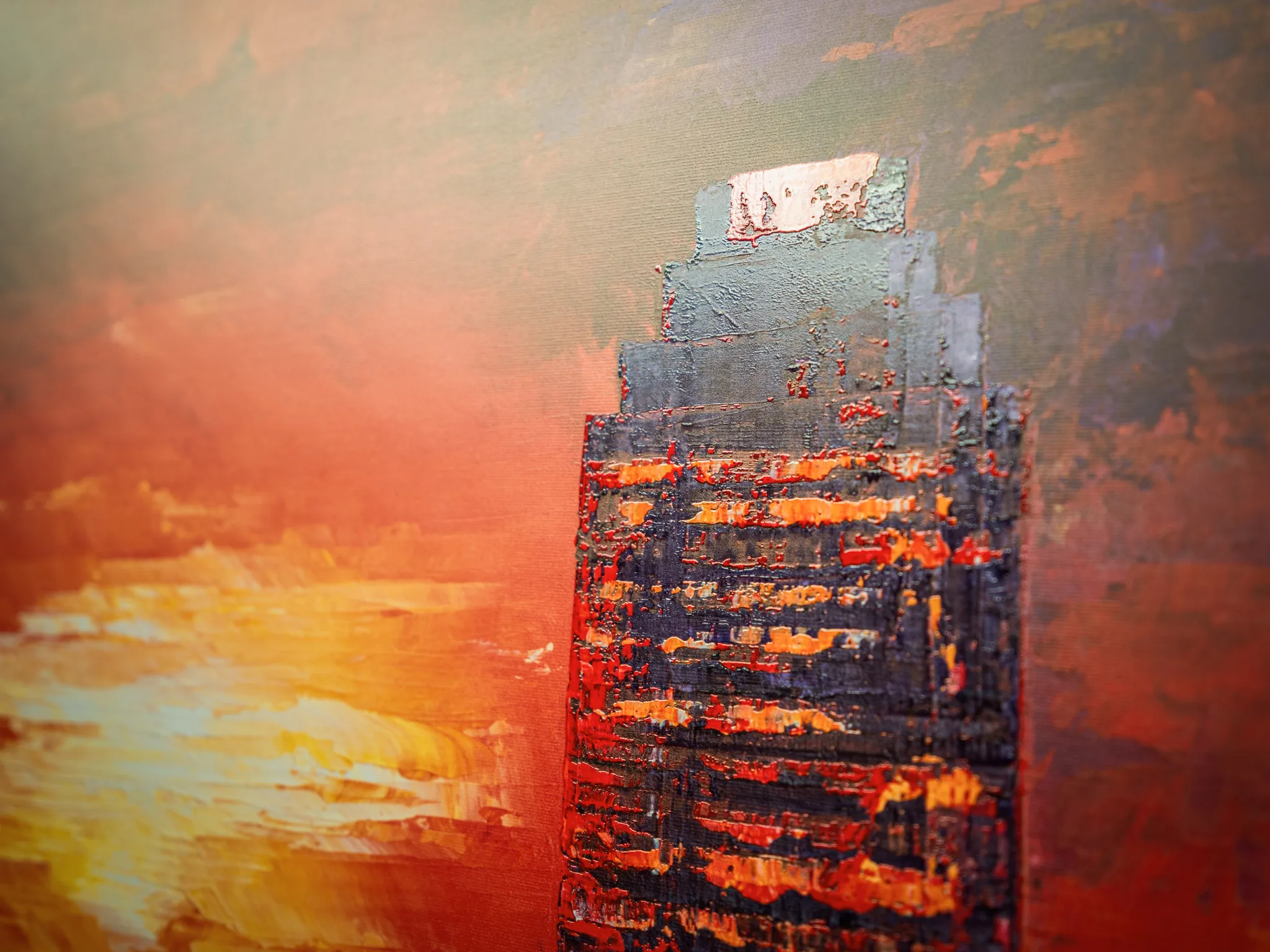 Close-up of Urban Approach, a limited edition print by Paul Kenton, showing a dark tower block with thick orange and red impasto-style strokes against a glowing sunset sky.