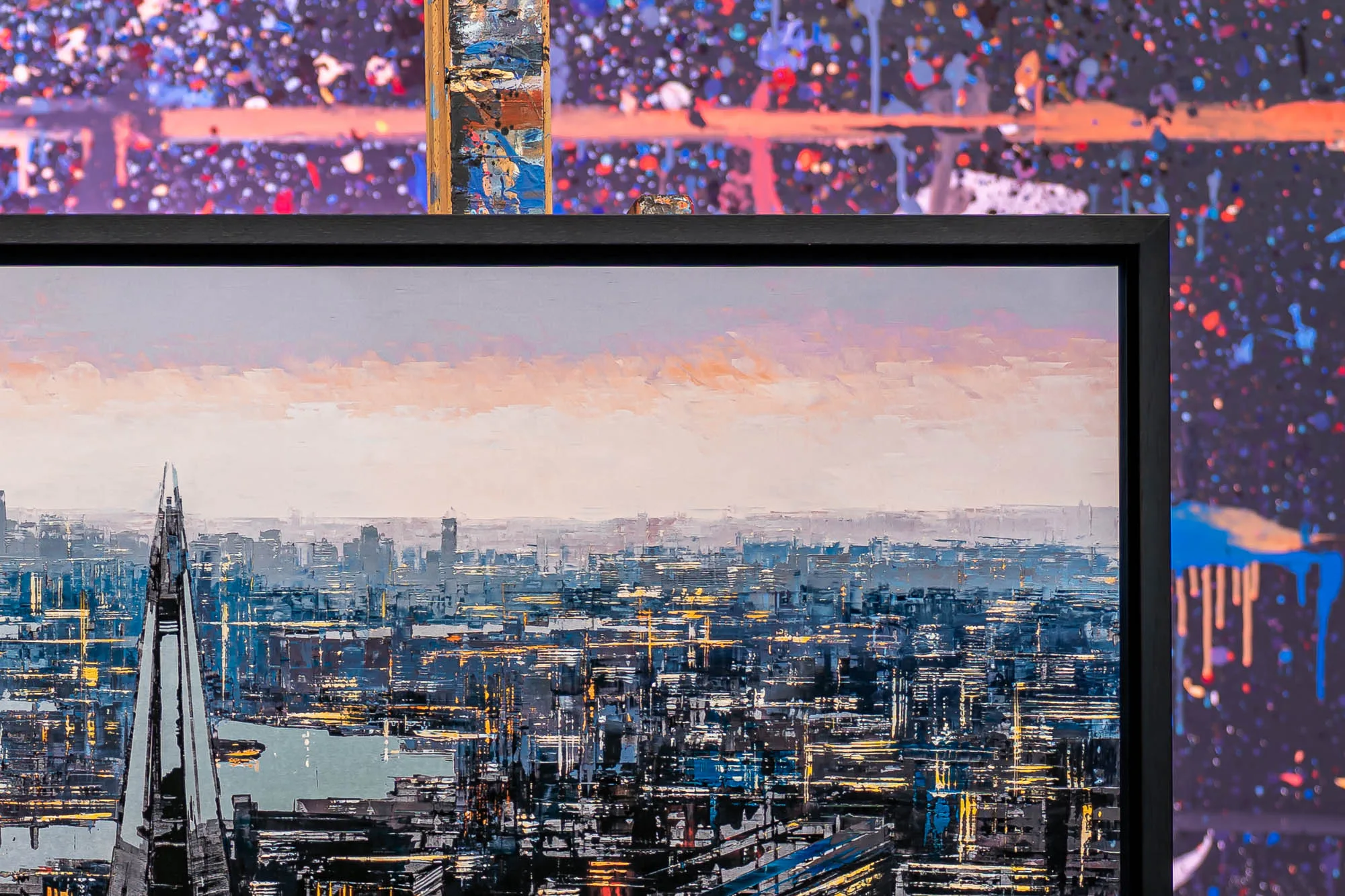 Close-up of Vista Reflections, a limited edition print by Paul Kenton, showing The Shard rising above a dusk London skyline with glowing golden window lights and textured blue-grey rooftops.