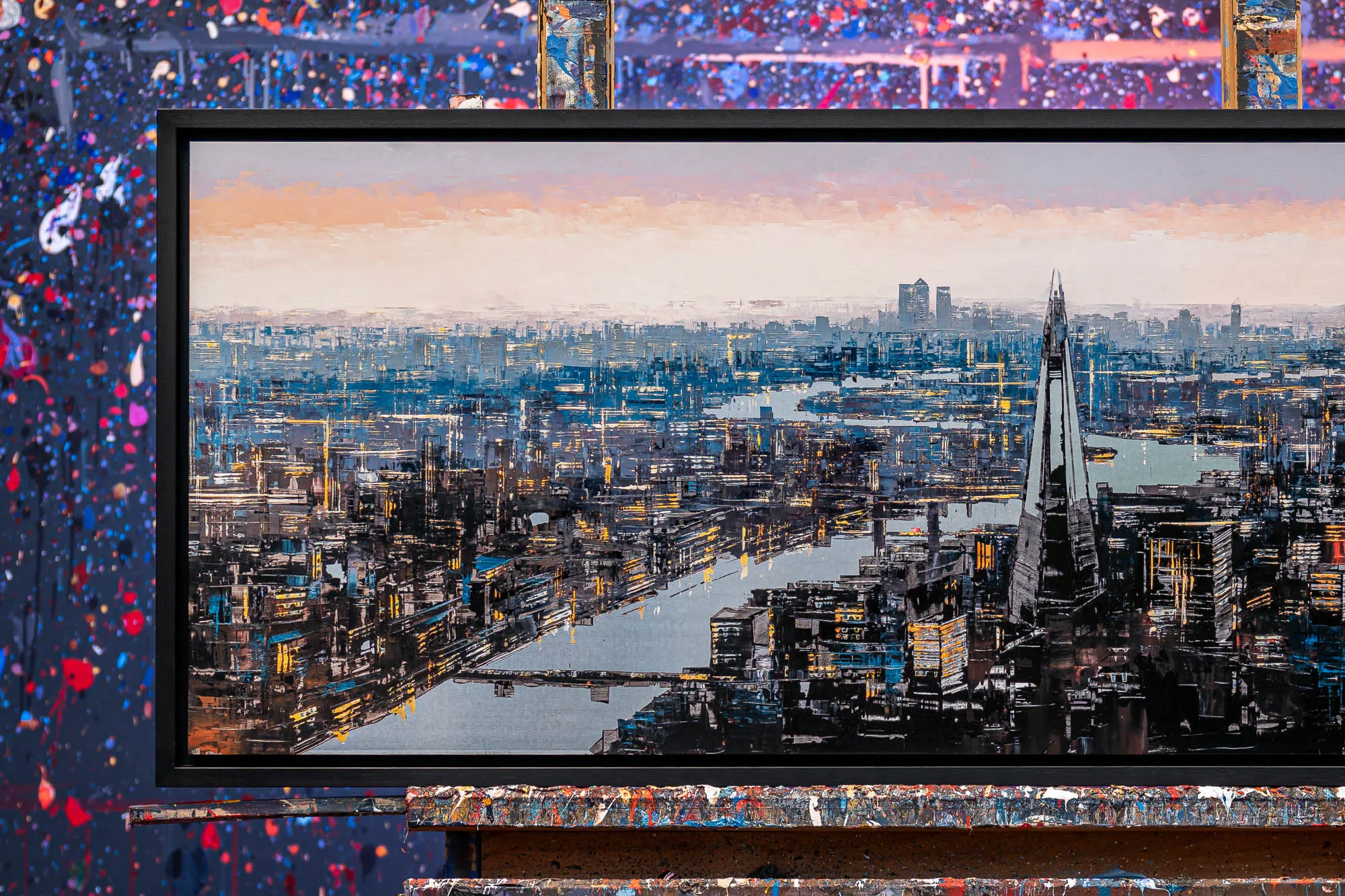 Detail of Vista Reflections, a limited edition print by Paul Kenton, showing the Shard and River Thames at dusk in textured blues, greys and amber.
