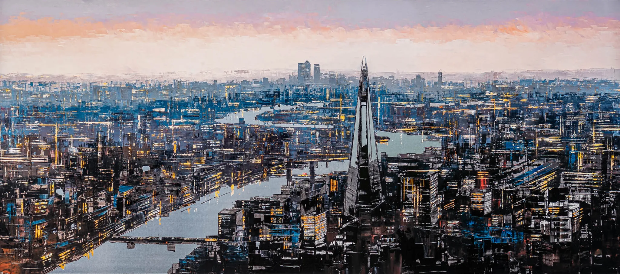 Vista Reflections: a panoramic London cityscape at dusk, with the Shard rising at centre beside a winding river reflecting warm lights. Pale peach sky fades to misty blue, with dense rooftops and glowing windows.