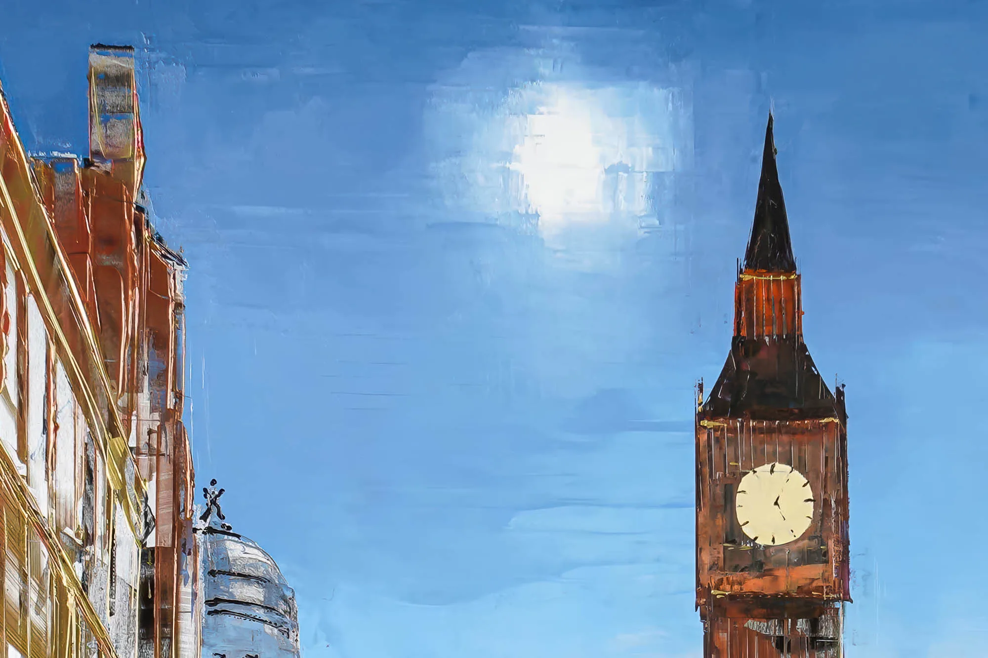 Close-up of Westminster Illuminates, a limited edition print by Paul Kenton: textured blue sky with a pale sun, Big Ben's clock tower in rust and brown on the right, and a pale dome and warm-lit buildings at left.